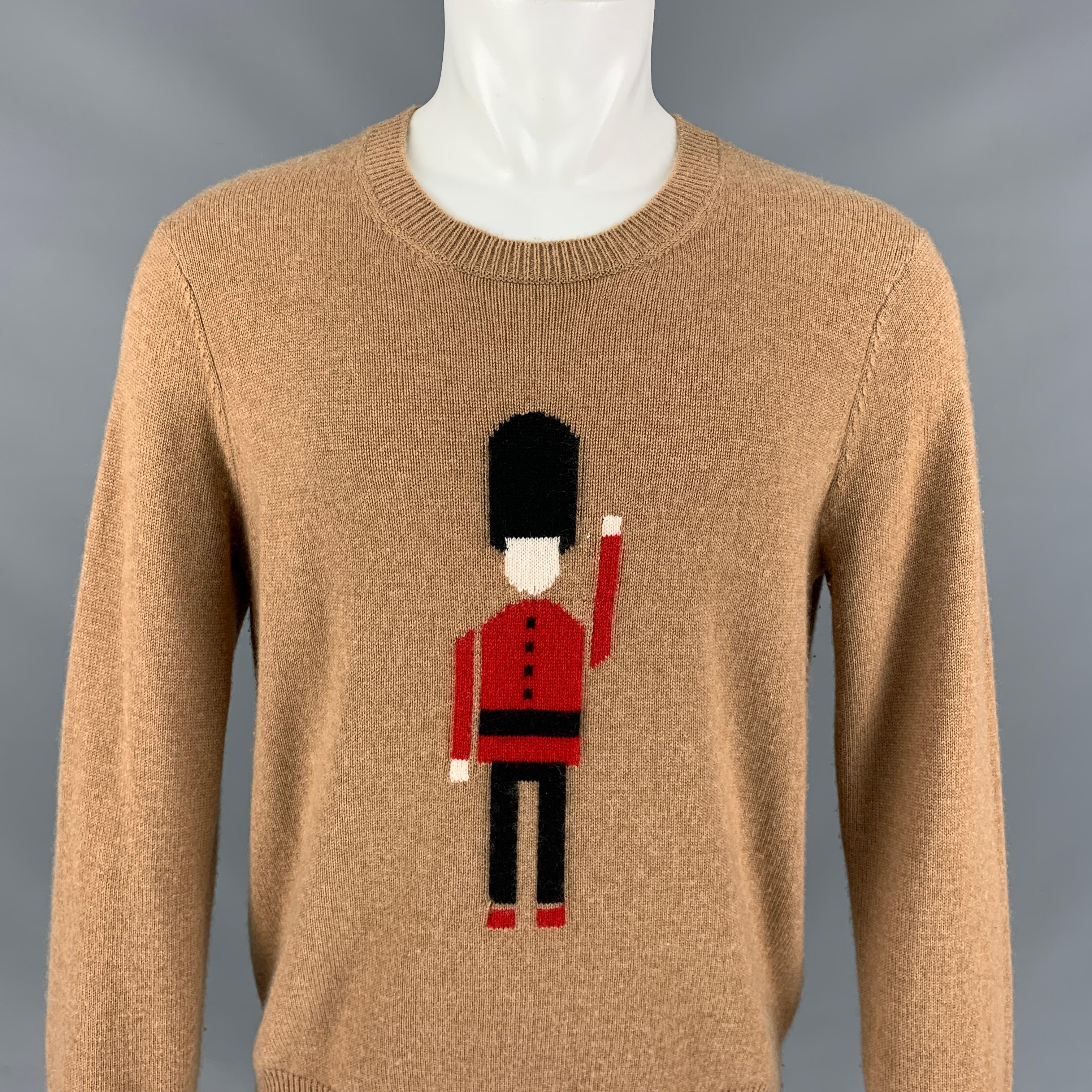 Beige BURBERRY PRORSUM Pre-Fall 2013 Size L Tan & Red Cashmere Solider Guard Sweater