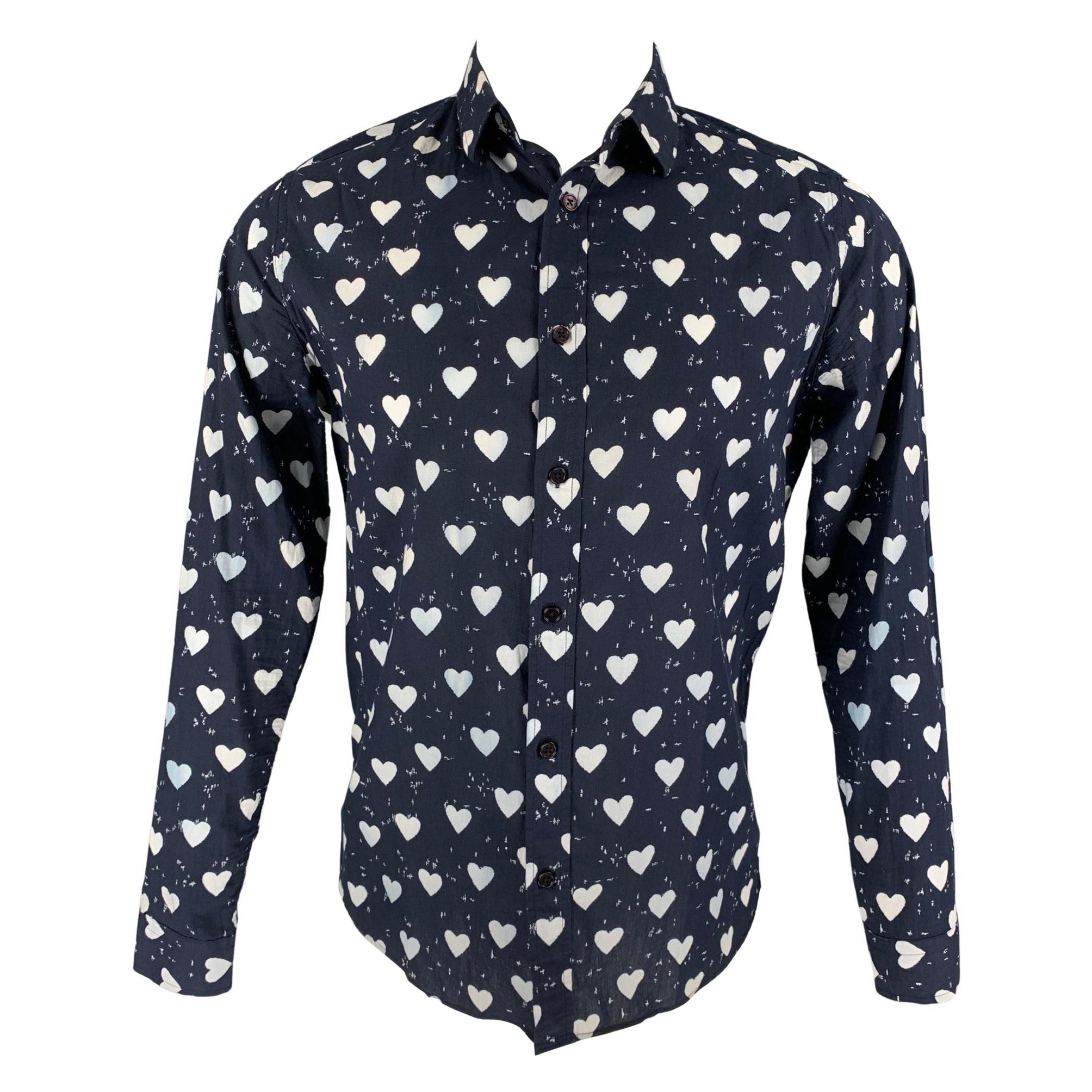 BURBERRY PRORSUM Pre-Fall 2013 Size S Navy & White Heart Print Long Sleeve Shirt