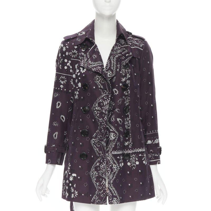 BURBERRY PRORSUM gabardina cruzada con estampado paisley púrpura UK6 XS Negro en venta