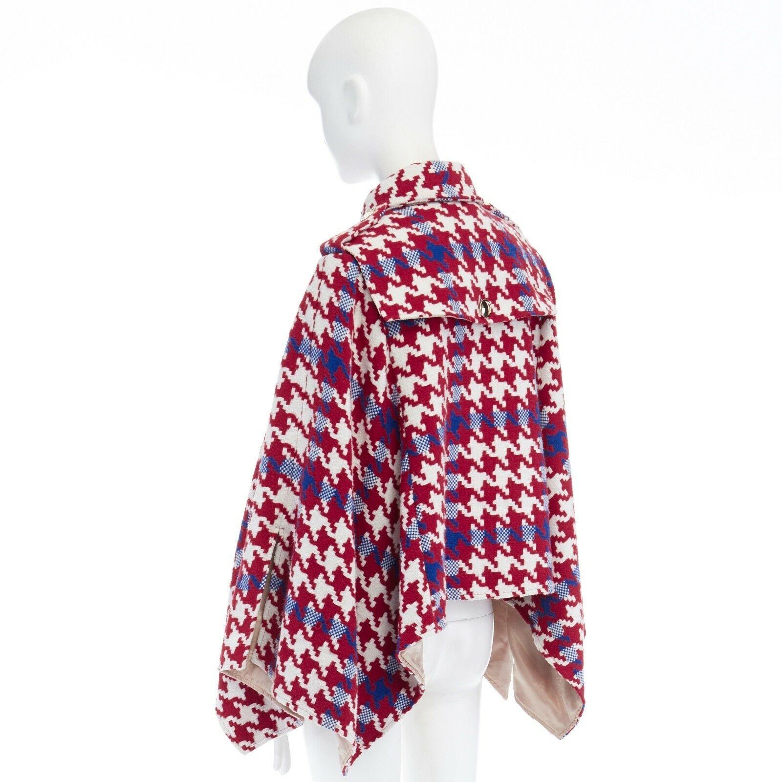 Brown BURBERRY PRORSUM red blue houndstooth wool double breasted poncho cape jacket M