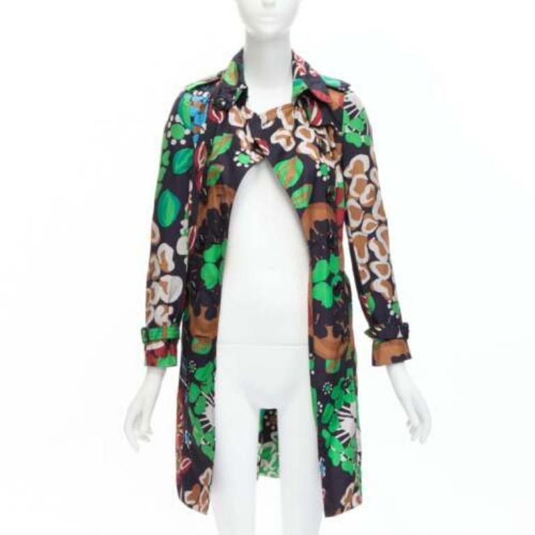 Black BURBERRY PRORSUM Runway 100% silk tropical floral print trench coat UK2 XXS For Sale