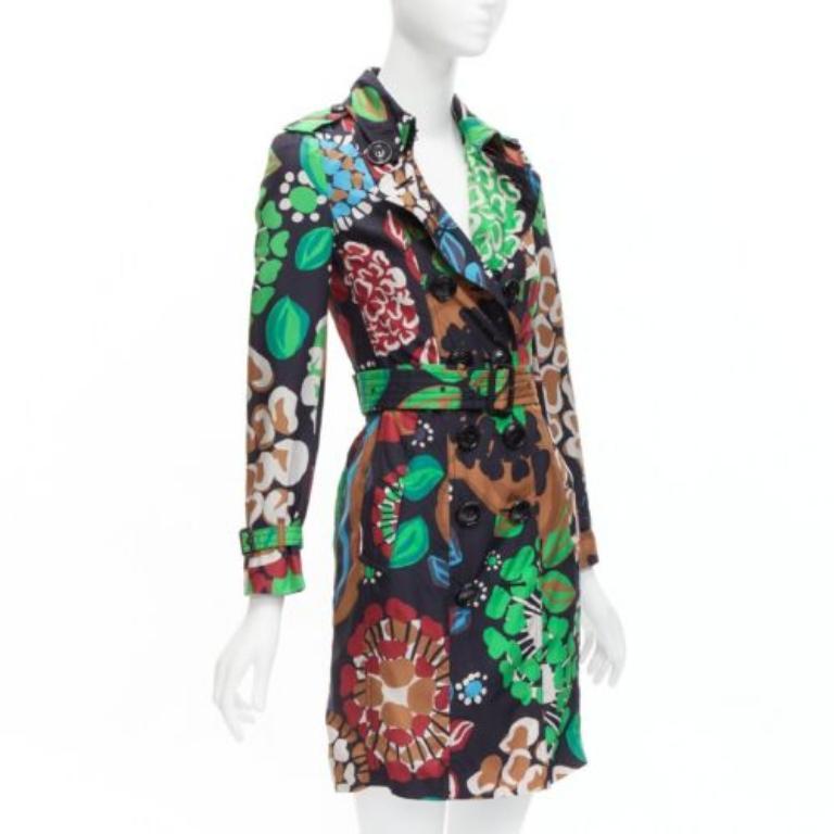 BURBERRY PRORSUM Runway 100% silk tropical floral print trench coat UK2 XXS In Excellent Condition For Sale In Hong Kong, NT