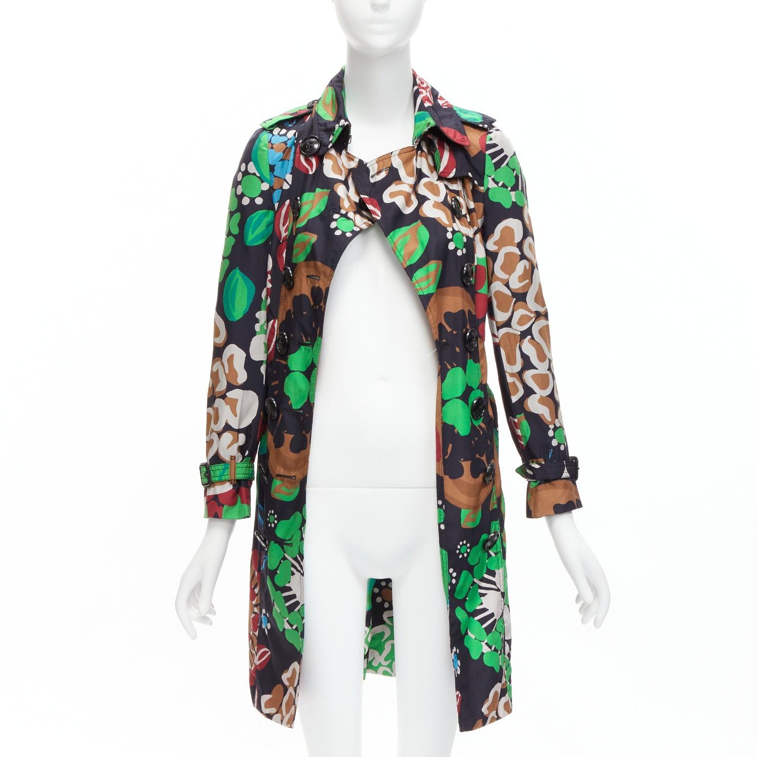 Black BURBERRY PRORSUM Runway silk tropical floral print belted trench coat UK2 XXS For Sale