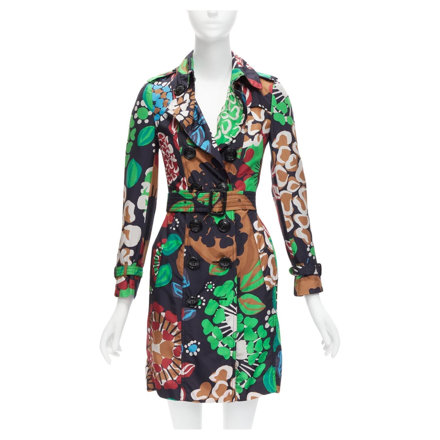 BURBERRY PRORSUM Runway trench-coat à ceinture imprimé floral tropical en soie GB2 XXS en vente