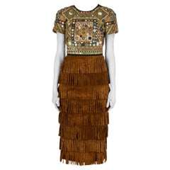 Burberry Prorsum Russet Brown Mirror Embellished Fringed Suede Midi Dress S