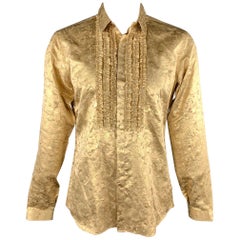 BURBERRY PRORSUM S/S 2008 Size L Gold Jacquard Silk Blend Ruffle Shirt