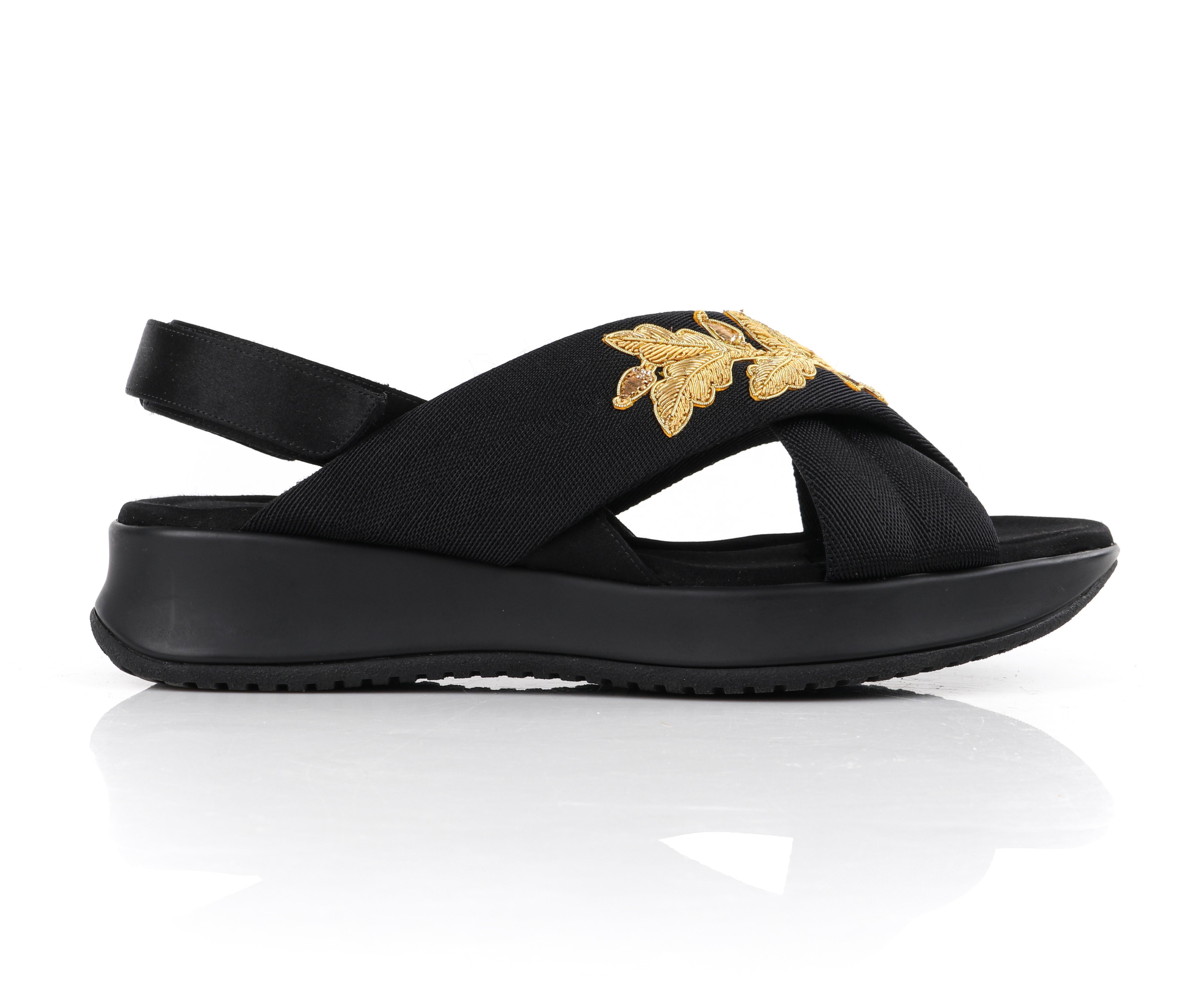 BURBERRY Prorsum S/S 2016 Criss Cross Embroidered Black Gold Adjustable Sandals
 
Brand / Manufacturer: Burberry
Collection: Burberry Prorsum S/S 2016
Style: Sandals 
Color(s): Shades of black, gold
Lined: No
Unmarked Fabric Content (feel of):