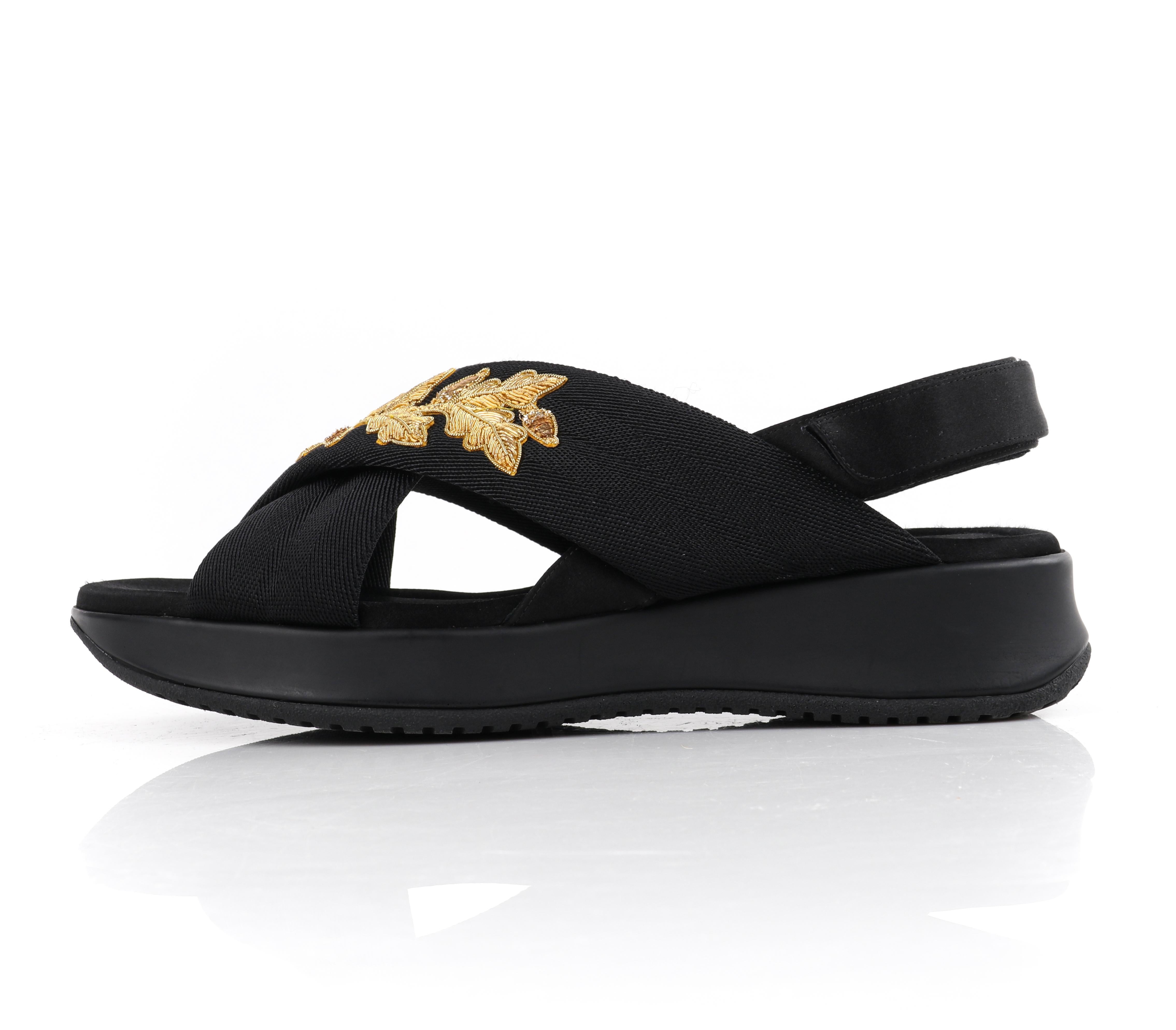 Women's BURBERRY Prorsum S/S 2016 Criss Cross Embroidered Black Gold Adjustable Sandals  For Sale