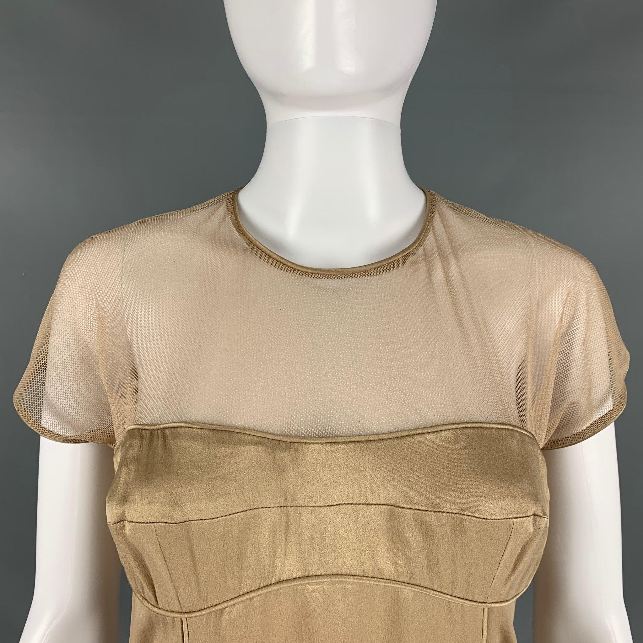BURBERRY PRORSUM dress comes in a beige silk woven material featuring a piping detail neck and sleeves cuff, mesh top, bustier style, and a back zip up closure. Made in Italy. Excellent Pre-Owned Condition. 

Marked:  IT 44 

Measurements: 
