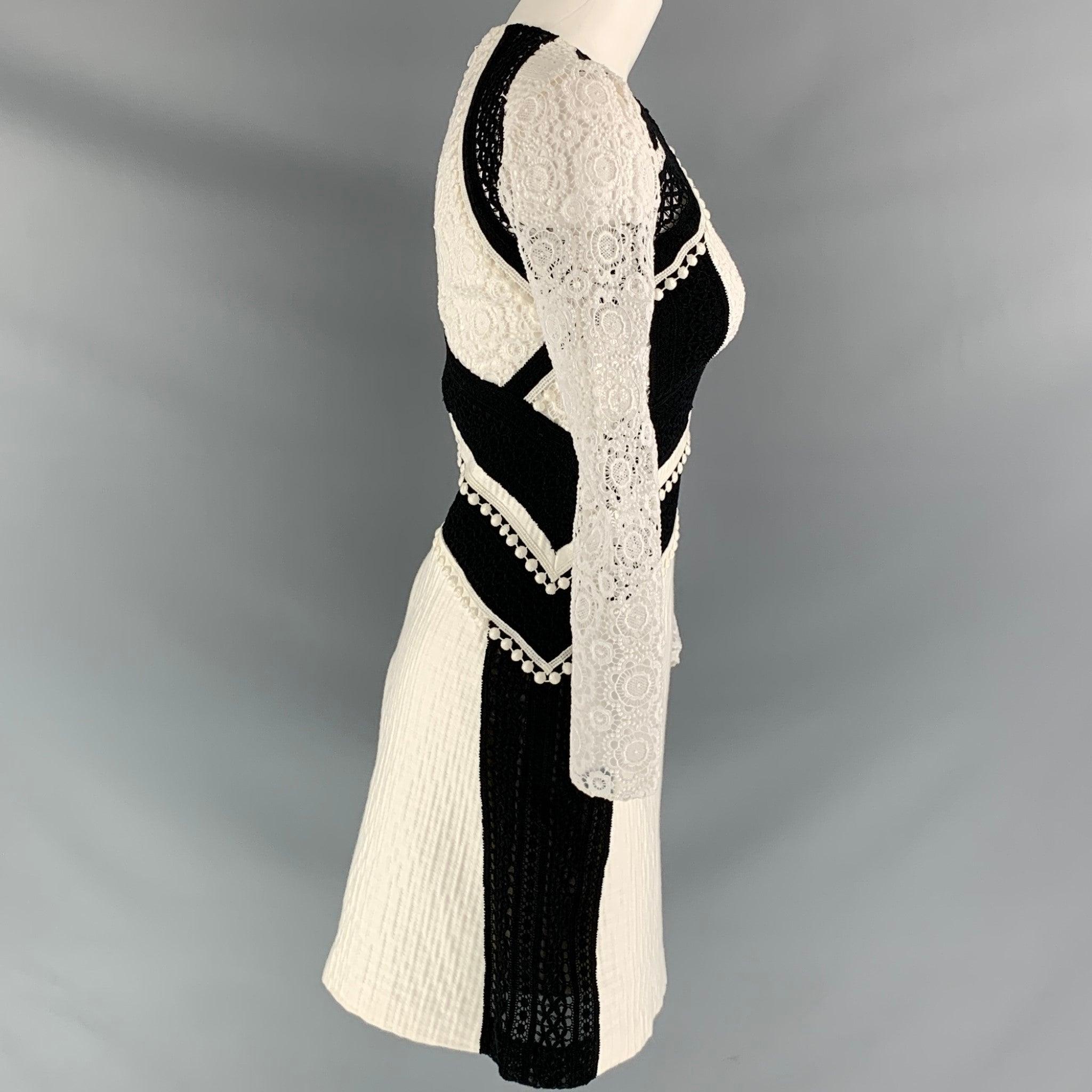 BURBERRY PRORSUM Size 2 White Black Cotton Blend Lace Knee-Length Dress In Excellent Condition For Sale In San Francisco, CA