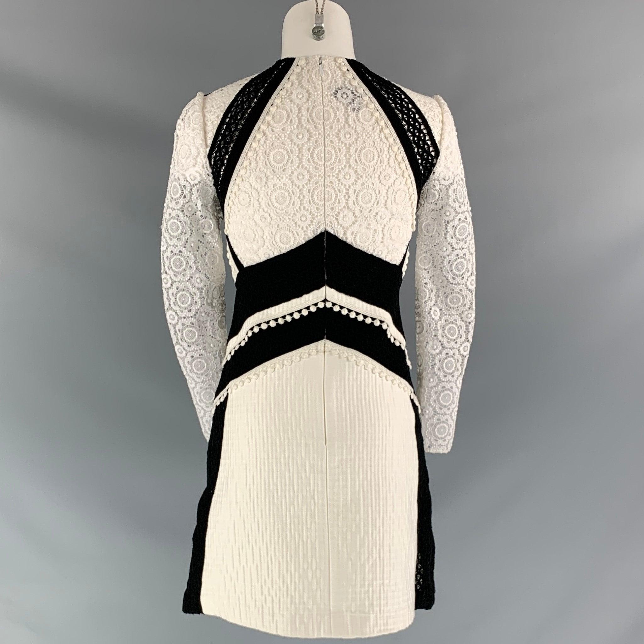 BURBERRY PRORSUM Size 2 White Black Cotton Blend Lace Knee-Length Dress In Excellent Condition For Sale In San Francisco, CA