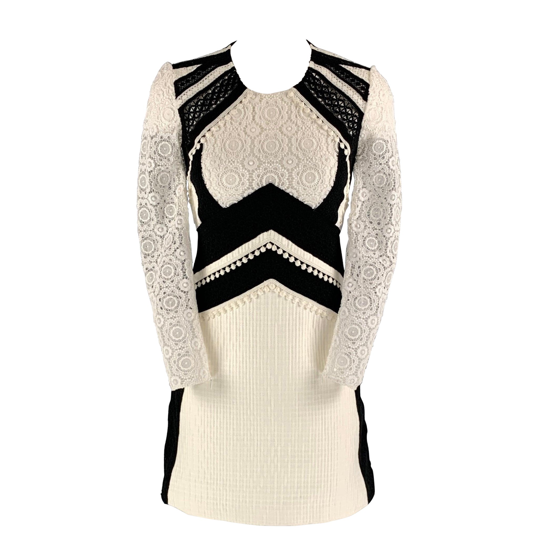 BURBERRY PRORSUM Talla 2 Blanco Negro Vestido a la Rodilla de Encaje de Mezcla de Algodón
