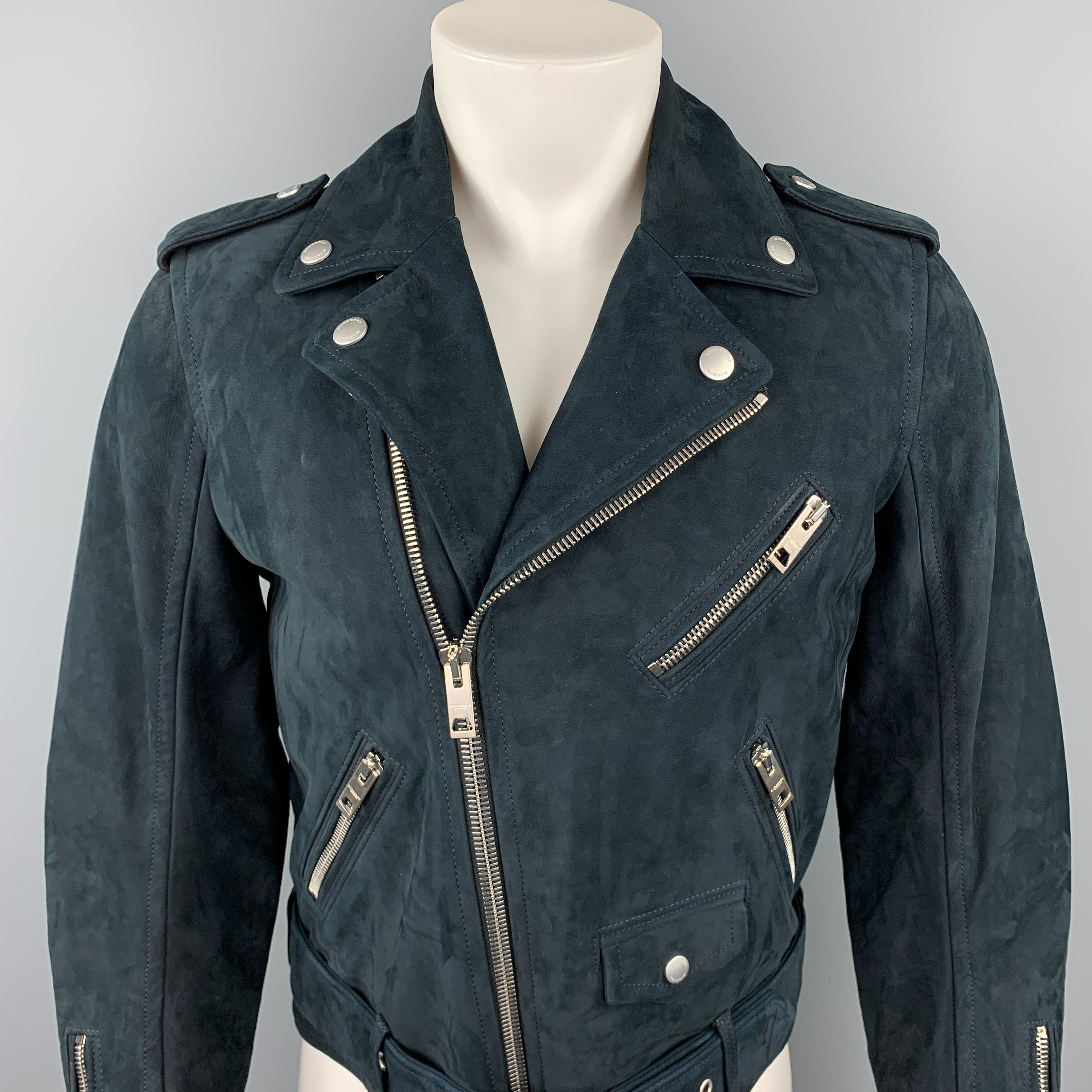 BURBERRY PRORSUM jacket comes in a navy nubuck suede with a red quilted liner featuring a biker style, zipper pockets, epaulettes, quilted sleeves, snap button details, belted, and a zip up closure. Made in Italy.

New With Tags. 
Marked: IT