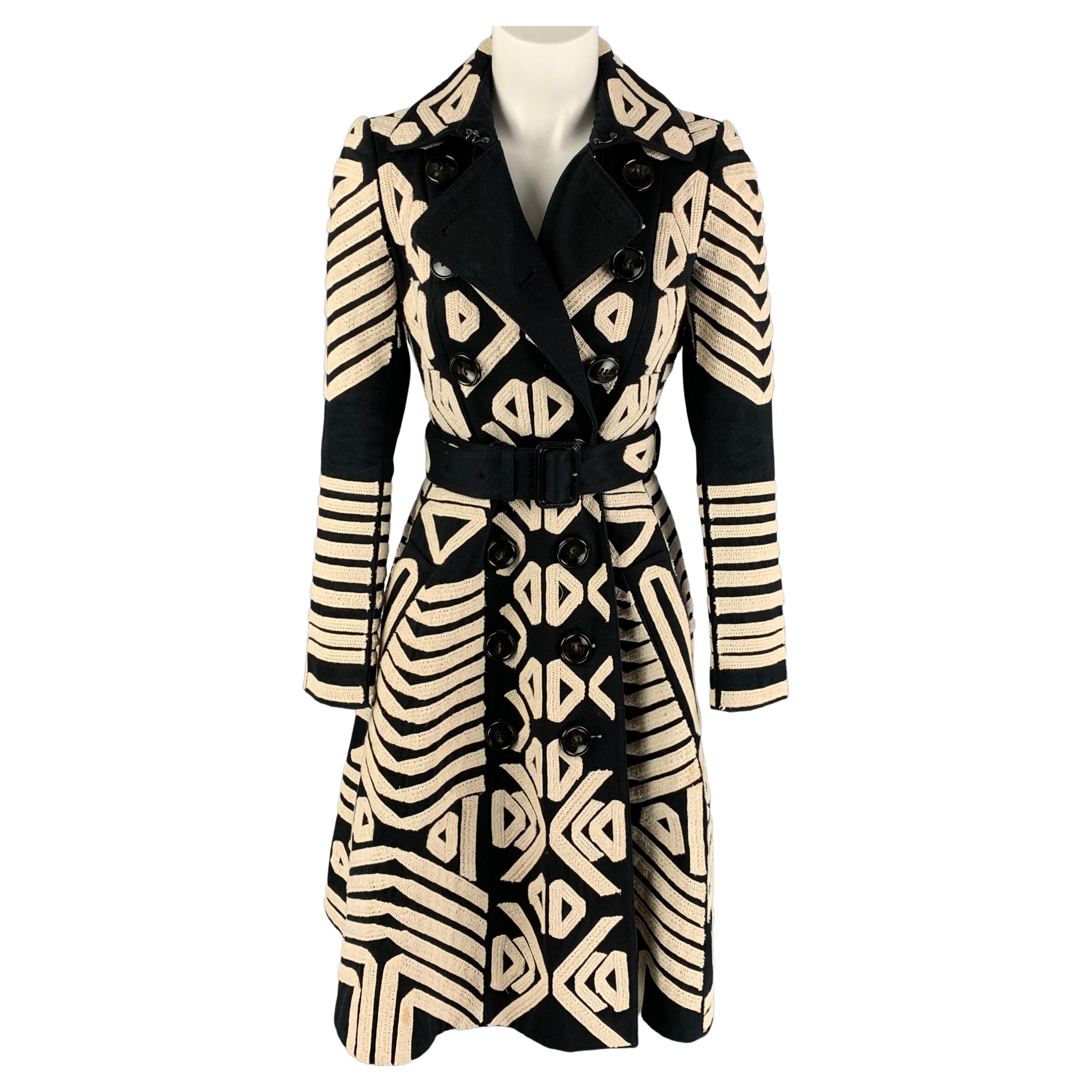 BURBERRY PRORSUM Size 4 Black White Cotton Embroidered Double Breasted Coat  For Sale at 1stDibs