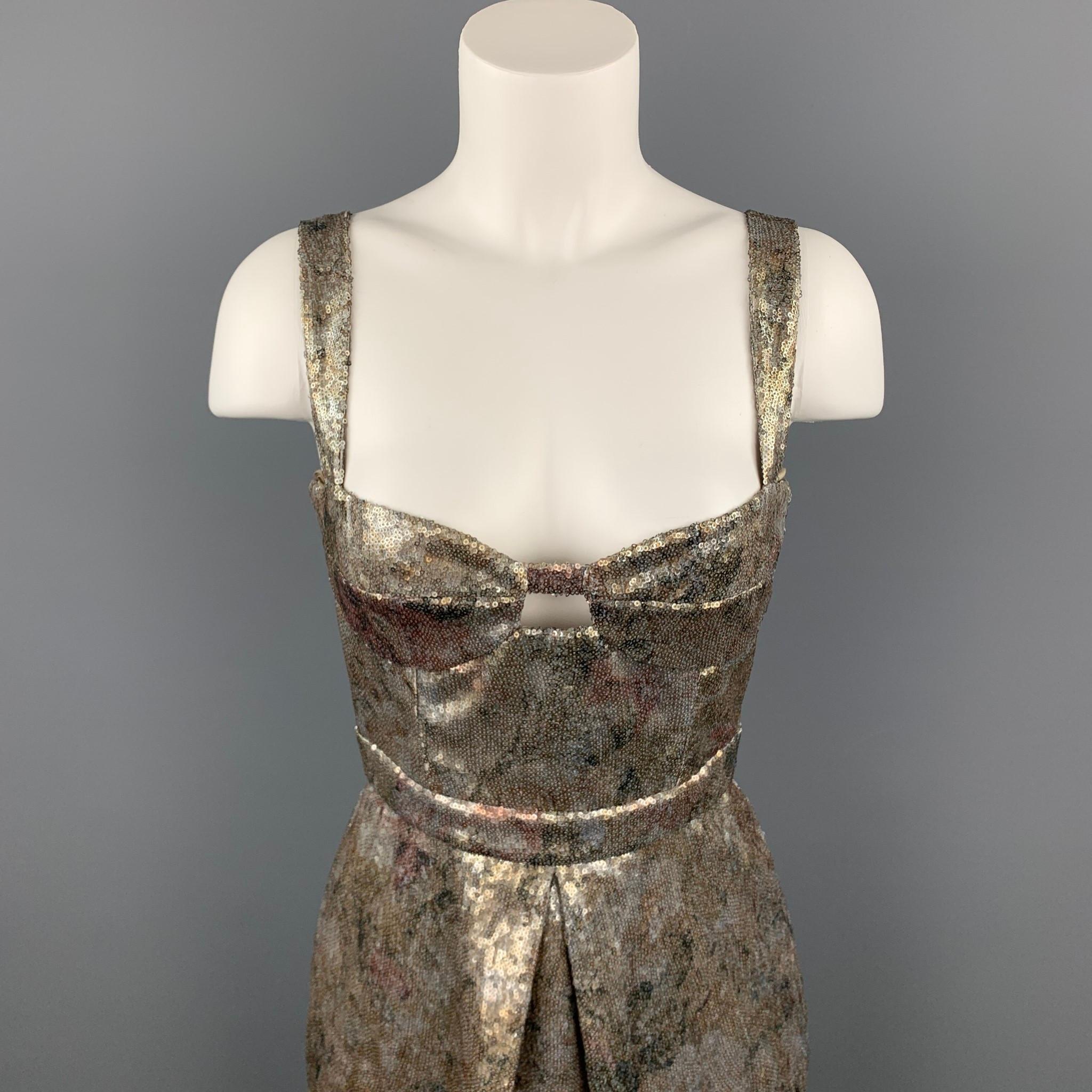 BURBERRY PRORSUM dress comes in a gold sequined polyester with a silk liner featuring a sheath style, pleated, and a back zip up closure. Made in Italy.

Very Good Pre-Owned Condition.
Marked: IT 40

Measurements:

Bust: 30 in. 
Waist: 26 in. 
Hip: