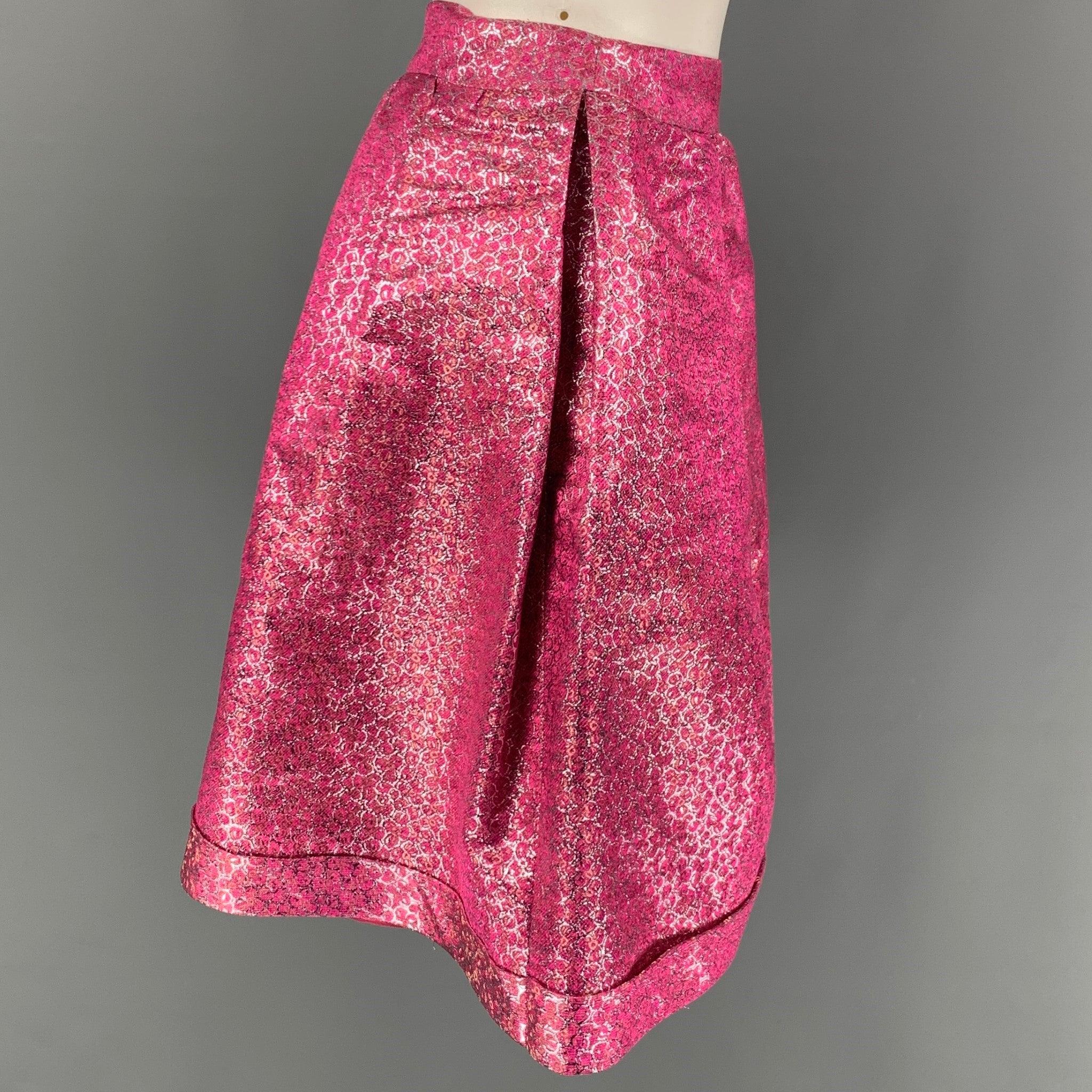BURBERRY PRORSUM skirt comes in a pink metallic polyester / silk with a slip liner featuring a pleated style and a side zipper closure. Made in Italy.
Very Good
Pre-Owned Condition. 

Marked:   40 

Measurements: 
  Waist:
23.5 inches  Hip: 41