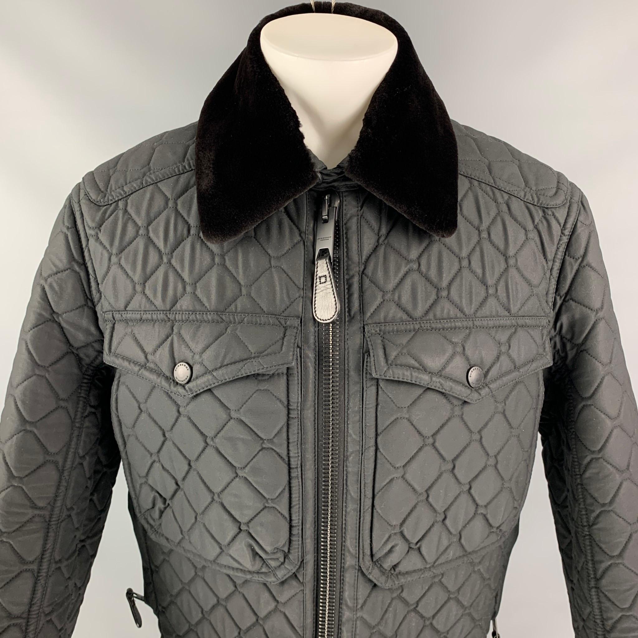 Men's BURBERRY PRORSUM Size 40 Black Quilted Coated Cotton Mink Collar Zip Jacket