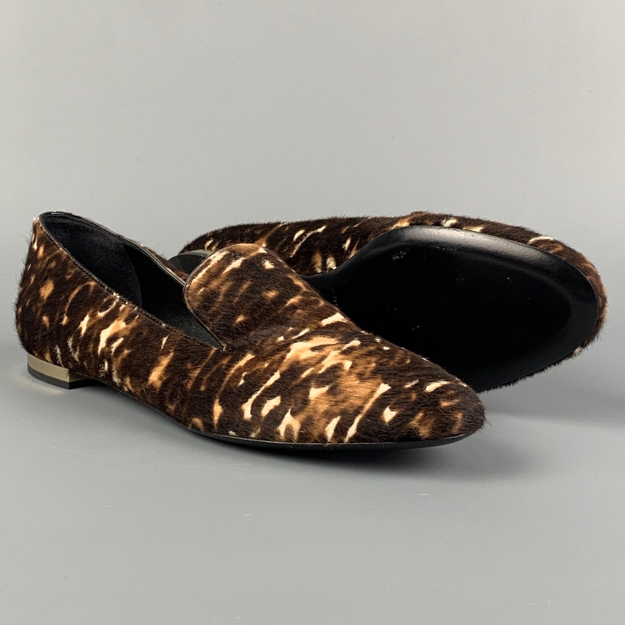 BURBERRY PRORSUM Size 5 Brown Leather Animal Print Pony Hair Slip On Flats In Good Condition For Sale In San Francisco, CA