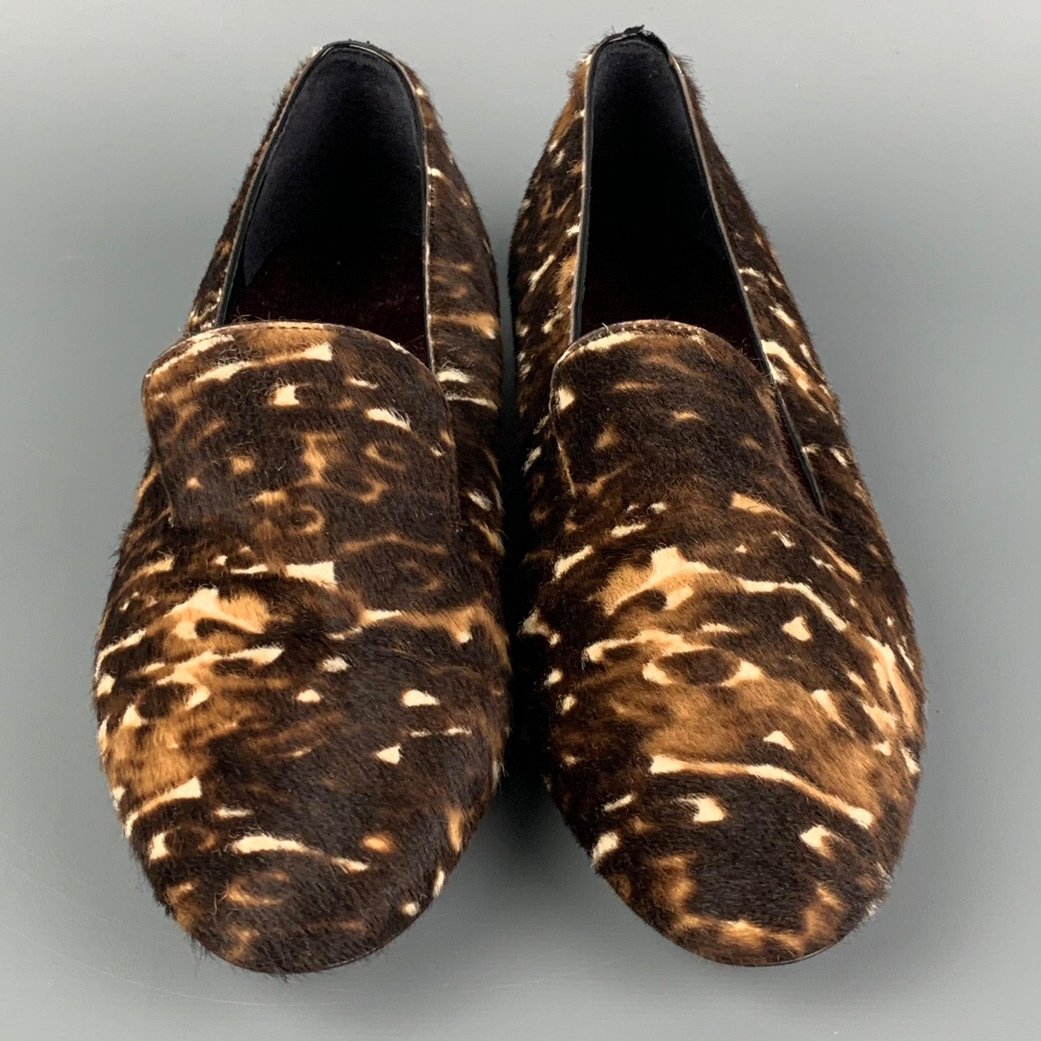 Women's BURBERRY PRORSUM Size 5 Brown Leather Animal Print Pony Hair Slip On Flats For Sale