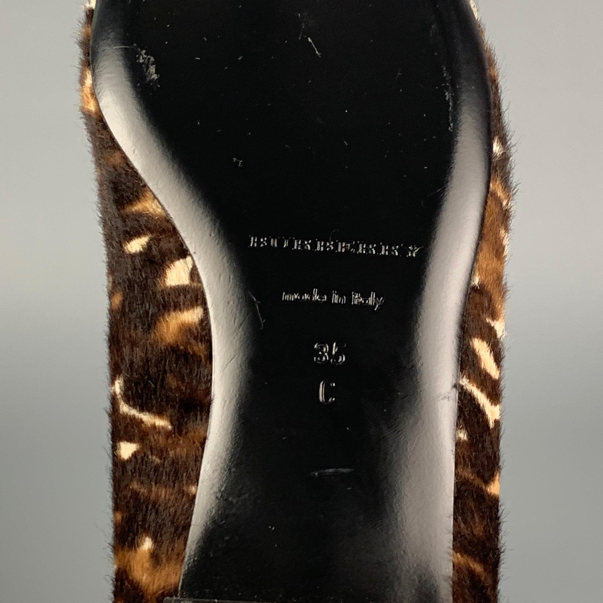 BURBERRY PRORSUM Size 5 Brown Leather Animal Print Pony Hair Slip On Flats For Sale 3