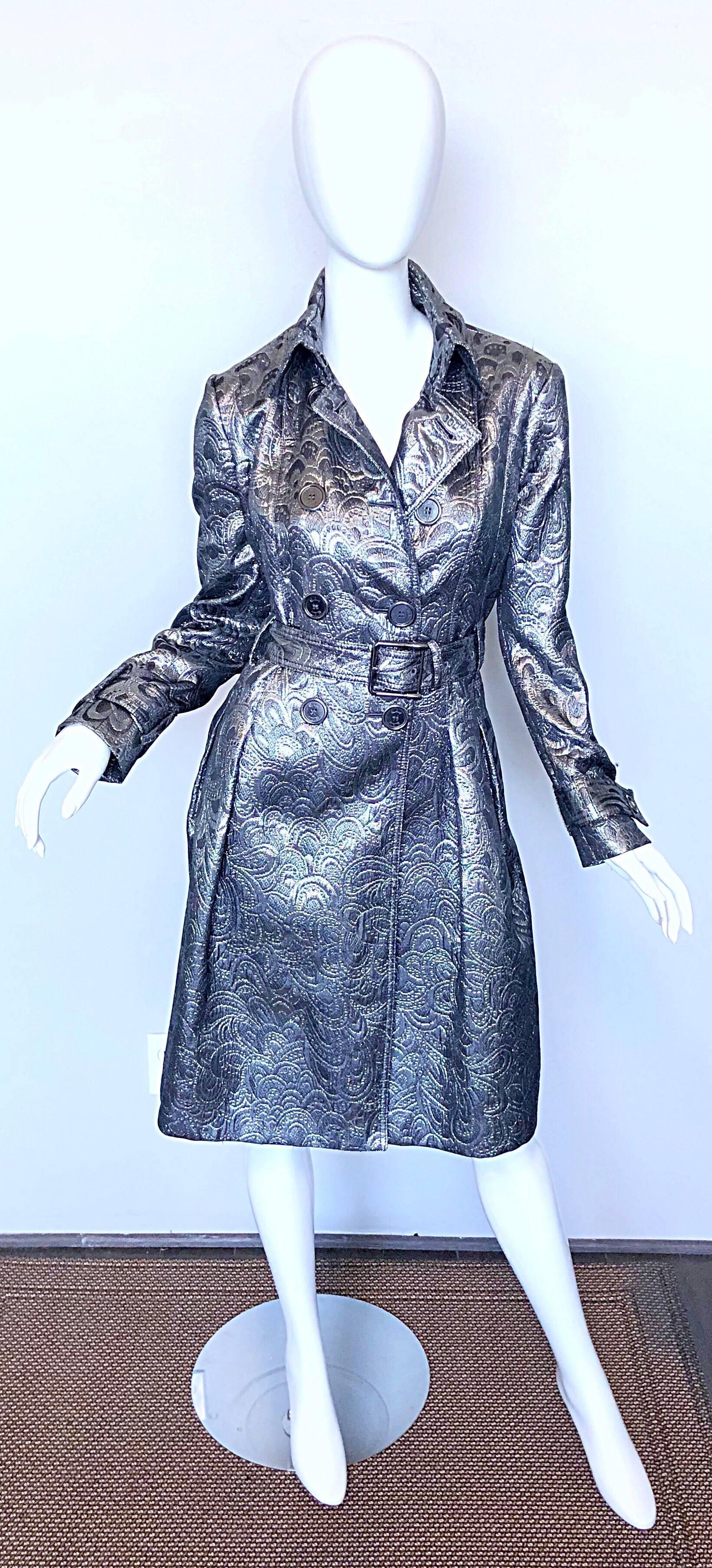 Women's Burberry Size 8 Silver Gunmetal Black Metallic Belted Brocade Trench Jacket Coat