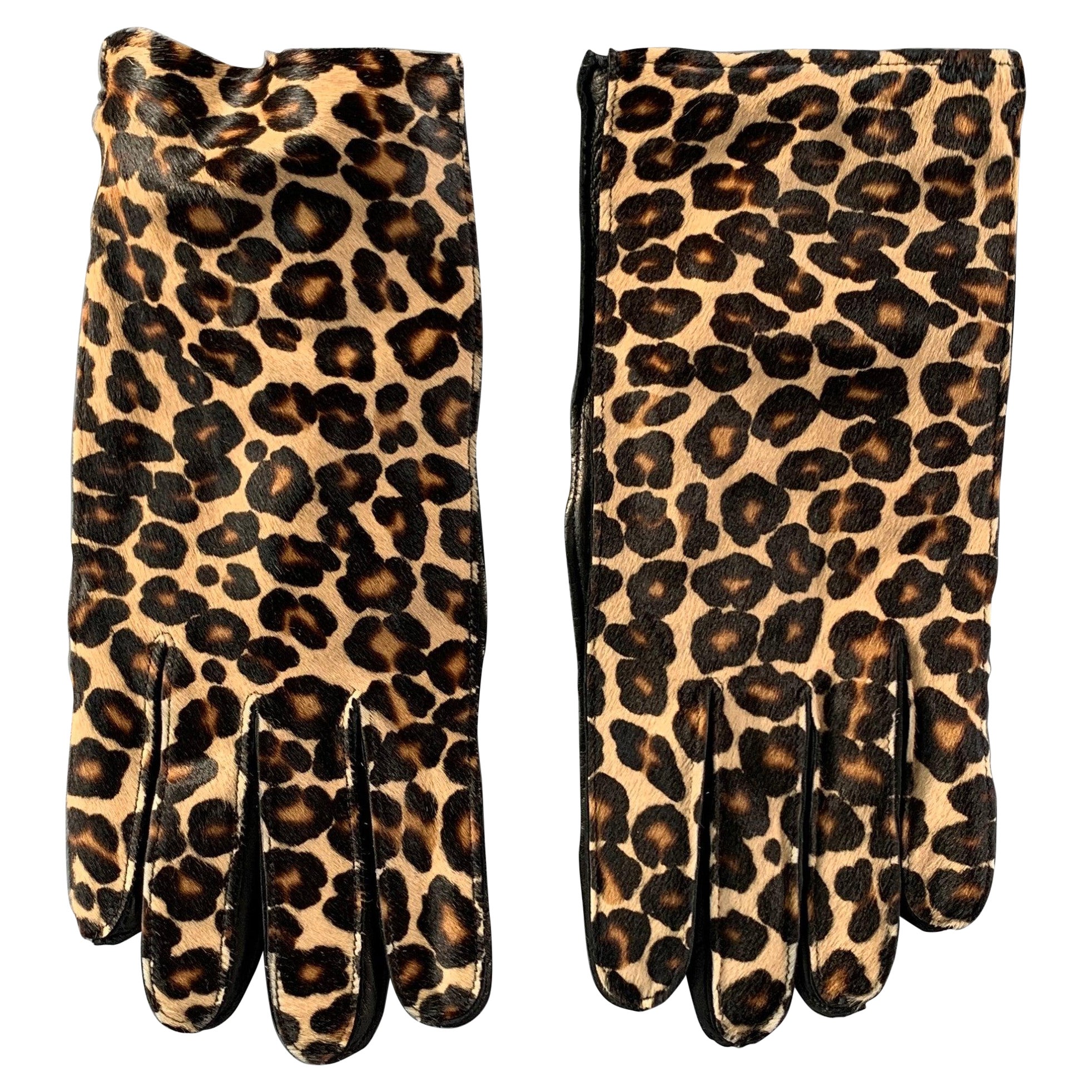 BURBERRY PRORSUM Größe 8.5 Beige Braun Schwarz Animal Print Kalbshaarhandschuhe im Angebot