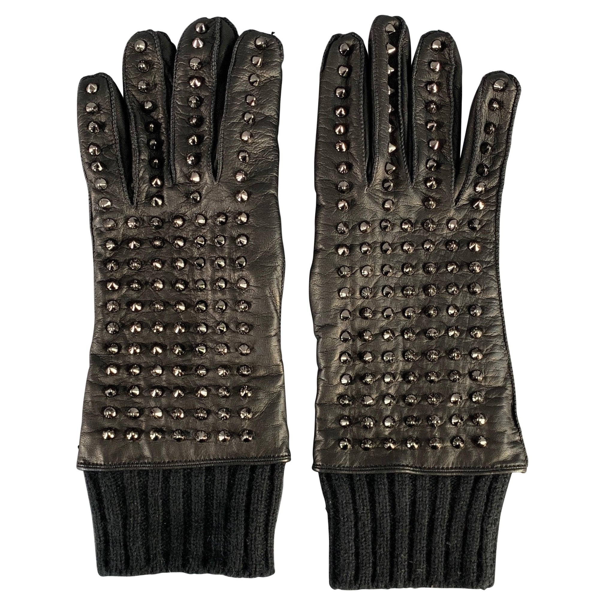 BURBERRY PRORSUM Size 9 Black Studded Leather Metal Gloves For Sale