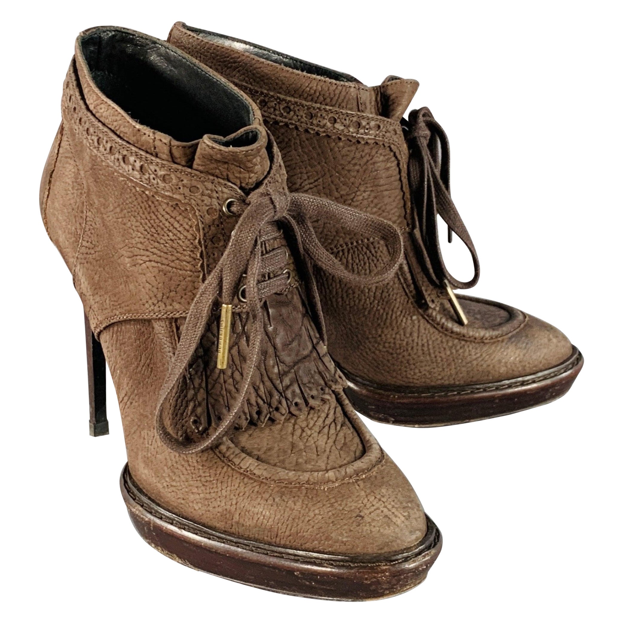 BURBERRY PRORSUM Tamaño 9 Howcroft Marrón Cuero Flecos Cordones Plataforma Botines Bombas en venta