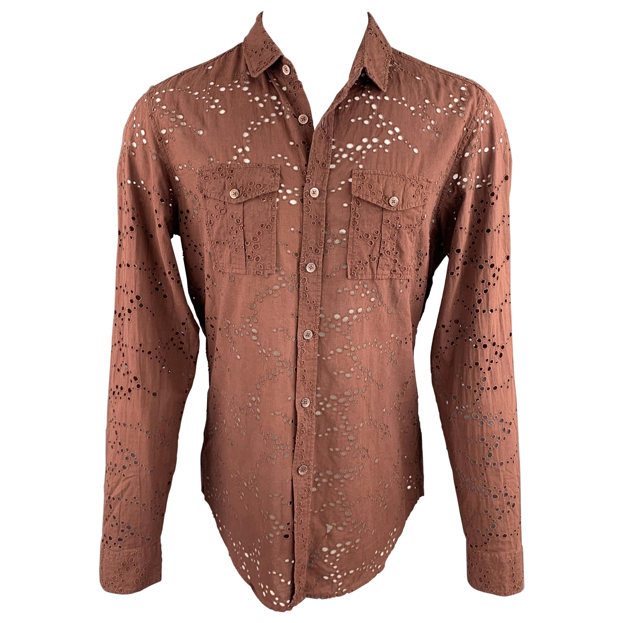 BURBERRY PRORSUM Size L Brown Eyelet Cotton Button Up Long Sleeve Shirt