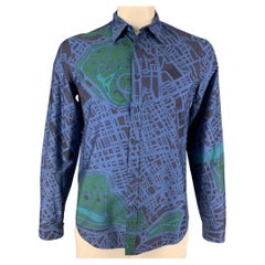 BURBERRY PRORSUM Size L Navy Blue Cotton Silk London Map Print Long Sleeve Shirt