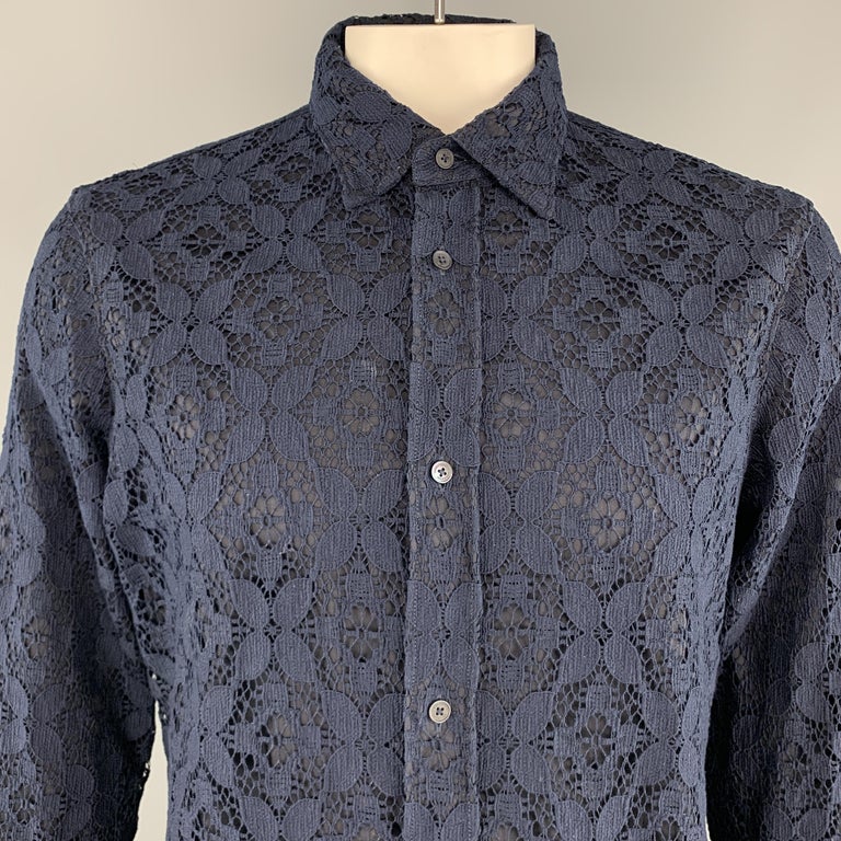 BURBERRY PRORSUM Size L Navy Cotton Blend Lace Button Up Long Sleeve ...