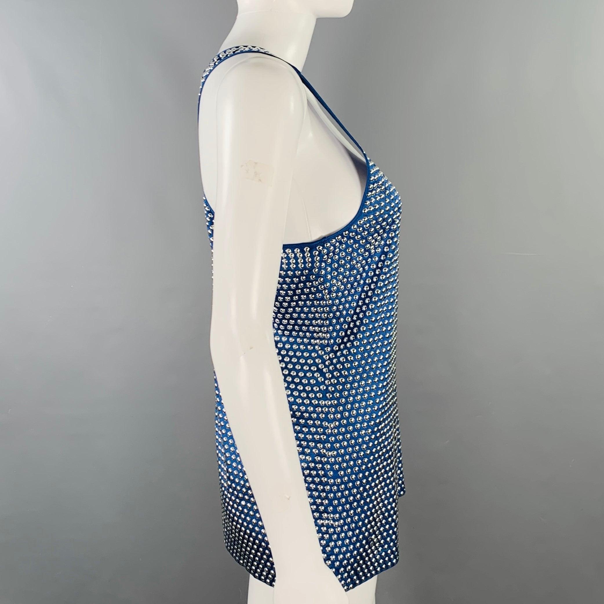 BURBERRY PRORSUM tank top in a blue silk stretch blend featuring a
 silver studded details, sleeveless style and a full zipper up at center back.
 Made in Italy.Excellent Pre-Owned Condition. 

Marked:   M 

Measurements: 
 
Shoulder: 13 inches