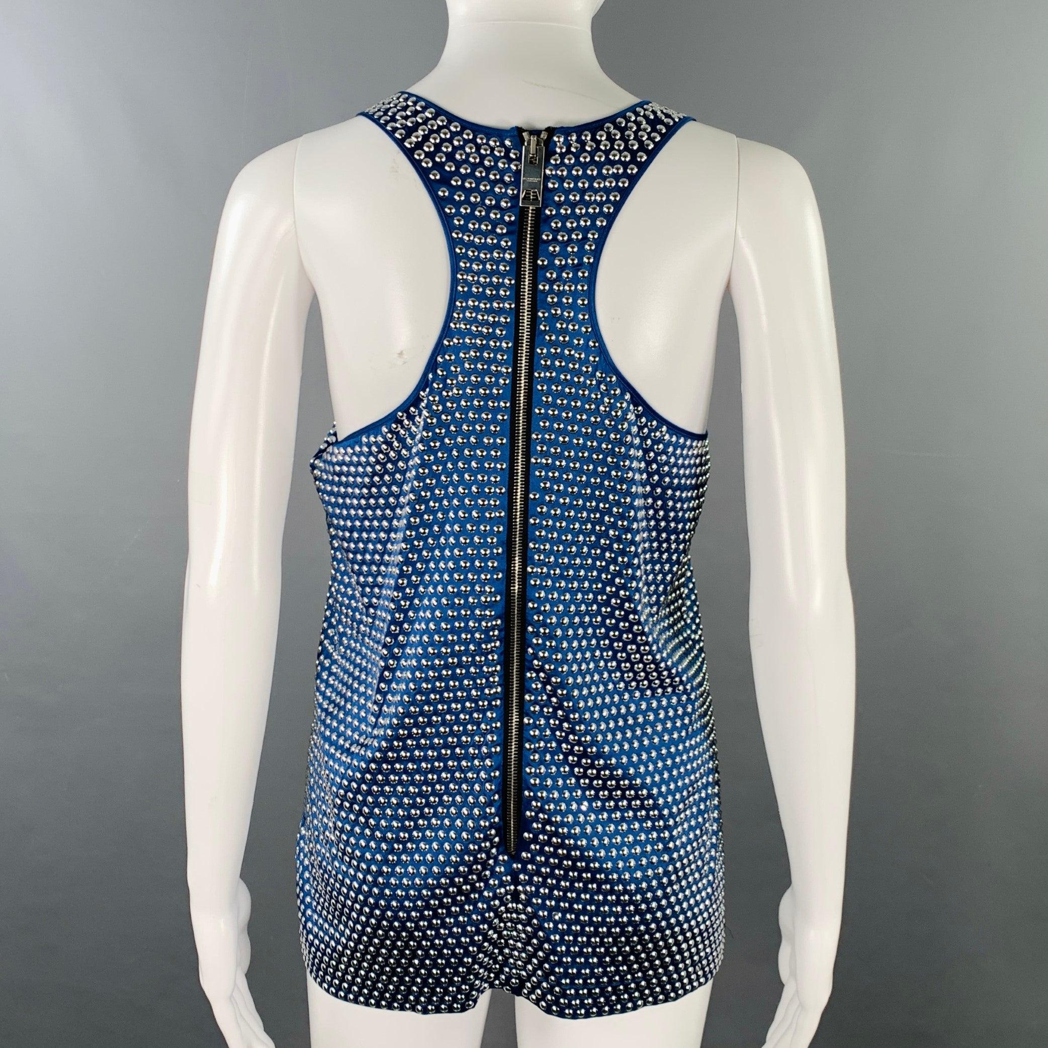 Purple BURBERRY PRORSUM Size M Blue Silver Silk Blend Studded Racerback Dress Top For Sale