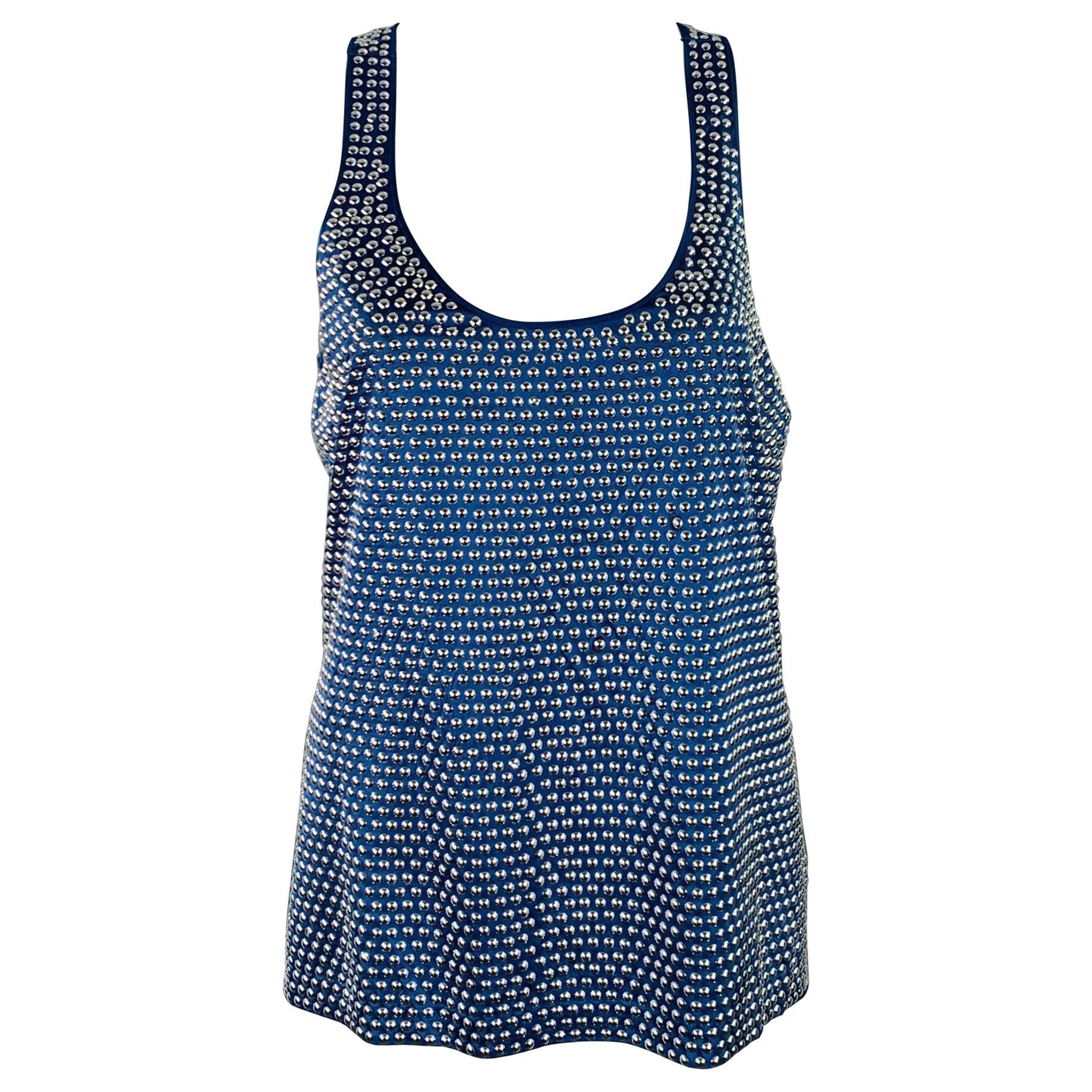 BURBERRY PRORSUM Größe M Blau Silber Seidenmischung Nieten Racerback Kleid Top im Angebot