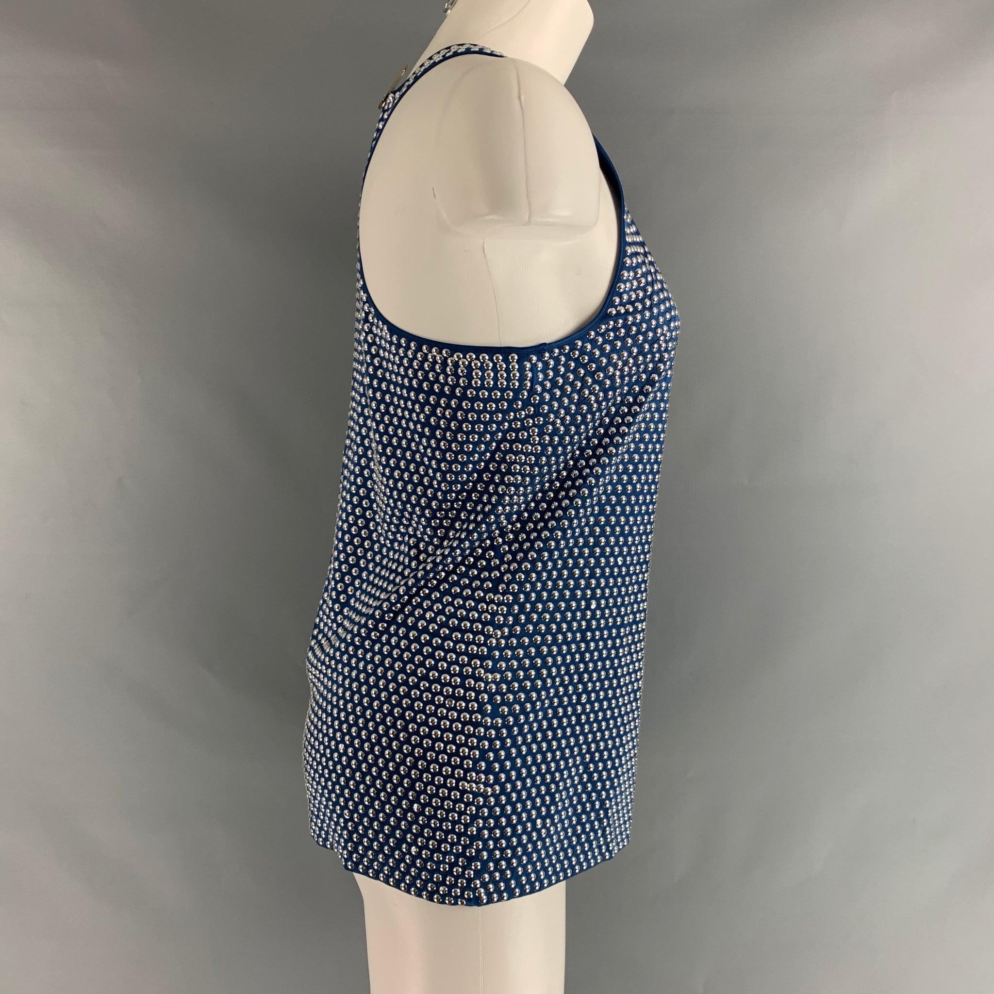 BURBERRY PRORSUM Size M Blue Silver Silk  Elastane Studded Racerback Dress Top In Excellent Condition For Sale In San Francisco, CA