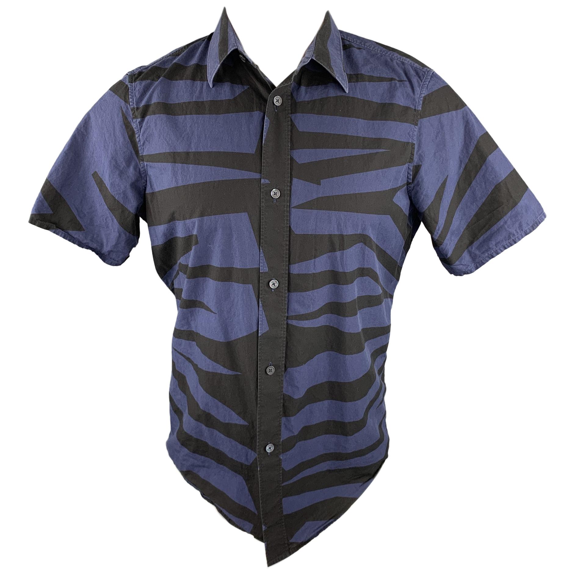 BURBERRY PRORSUM Size M Navy & Black Print Cotton Button Up Short Sleeve Shirt