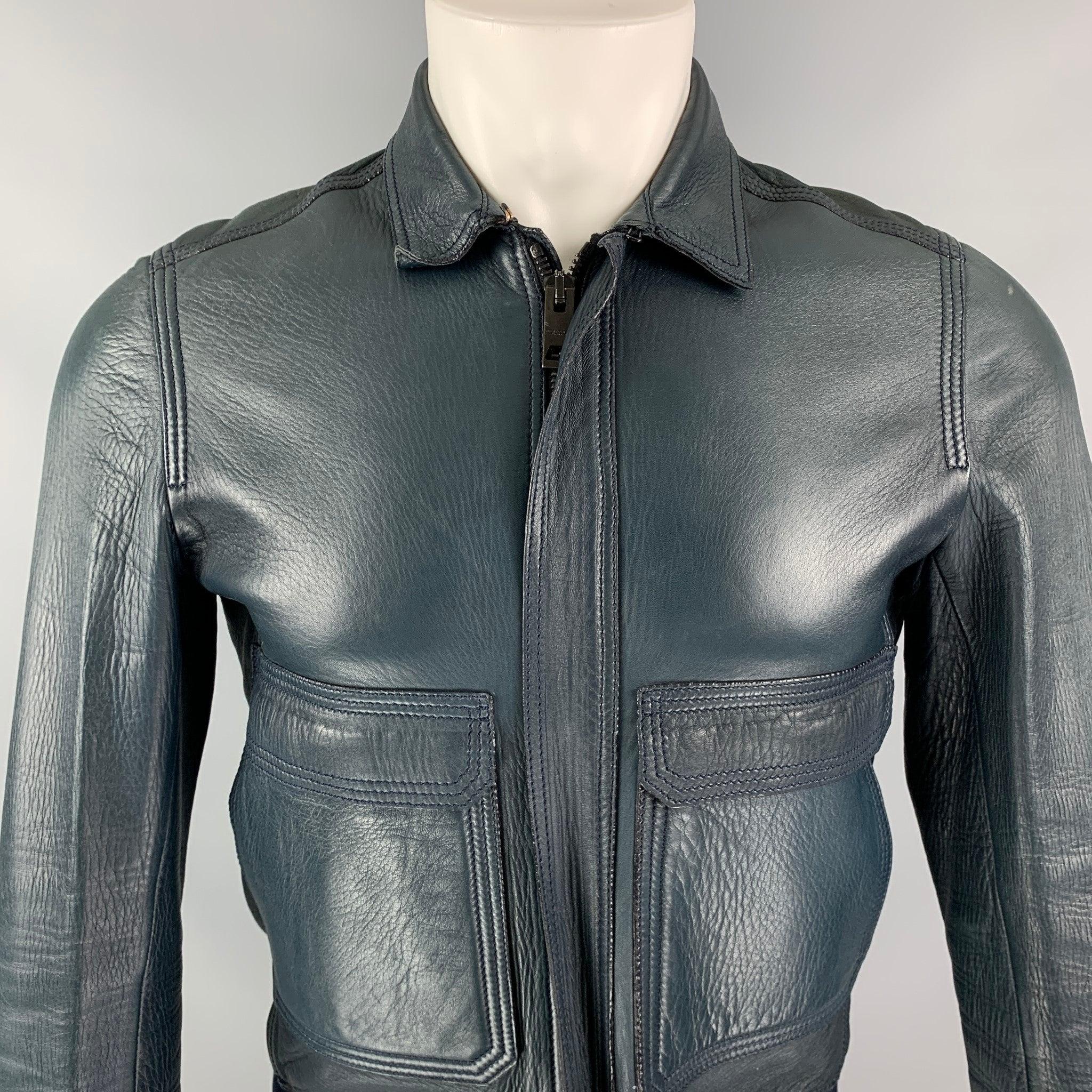 Men's BURBERRY PRORSUM Size S Blue Navy Bonded Leather Blouson Jacket For Sale