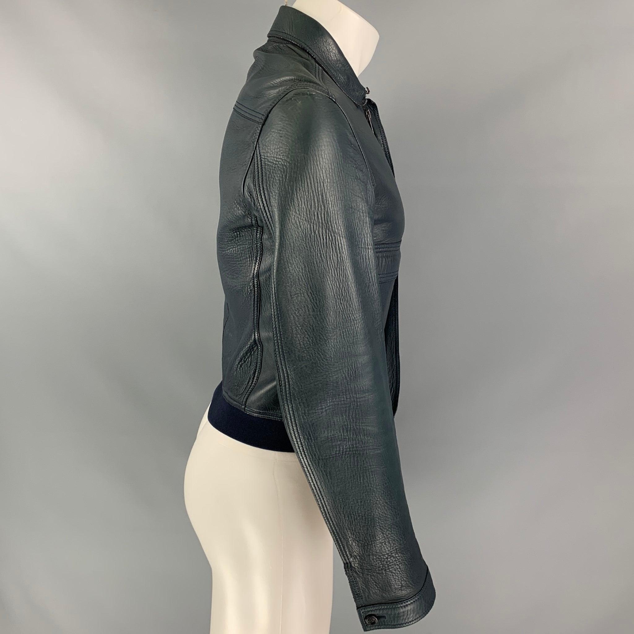 BURBERRY PRORSUM Size S Blue Navy Bonded Leather Blouson Jacket For Sale 1