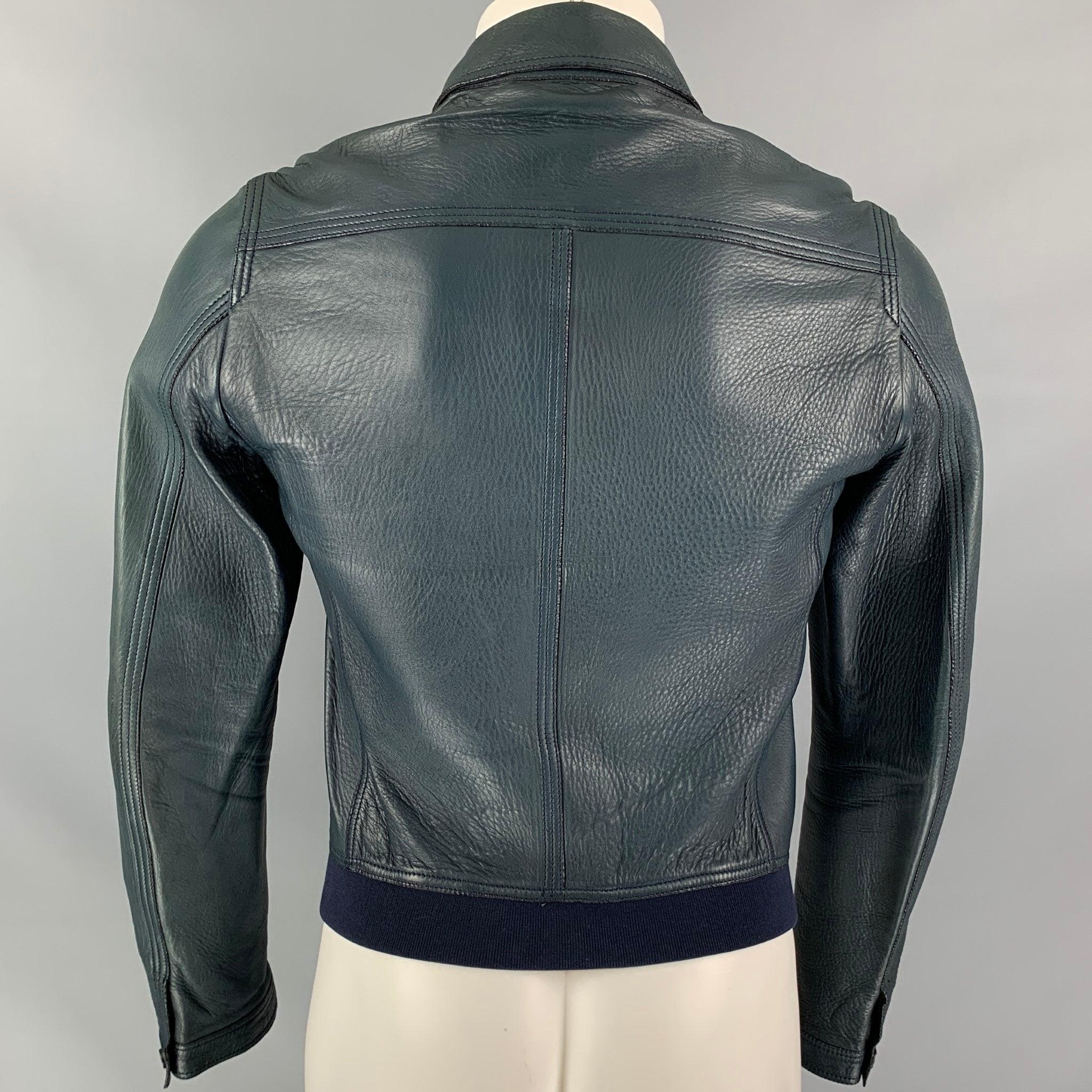BURBERRY PRORSUM Size S Blue Navy Bonded Leather Blouson Jacket For Sale 2