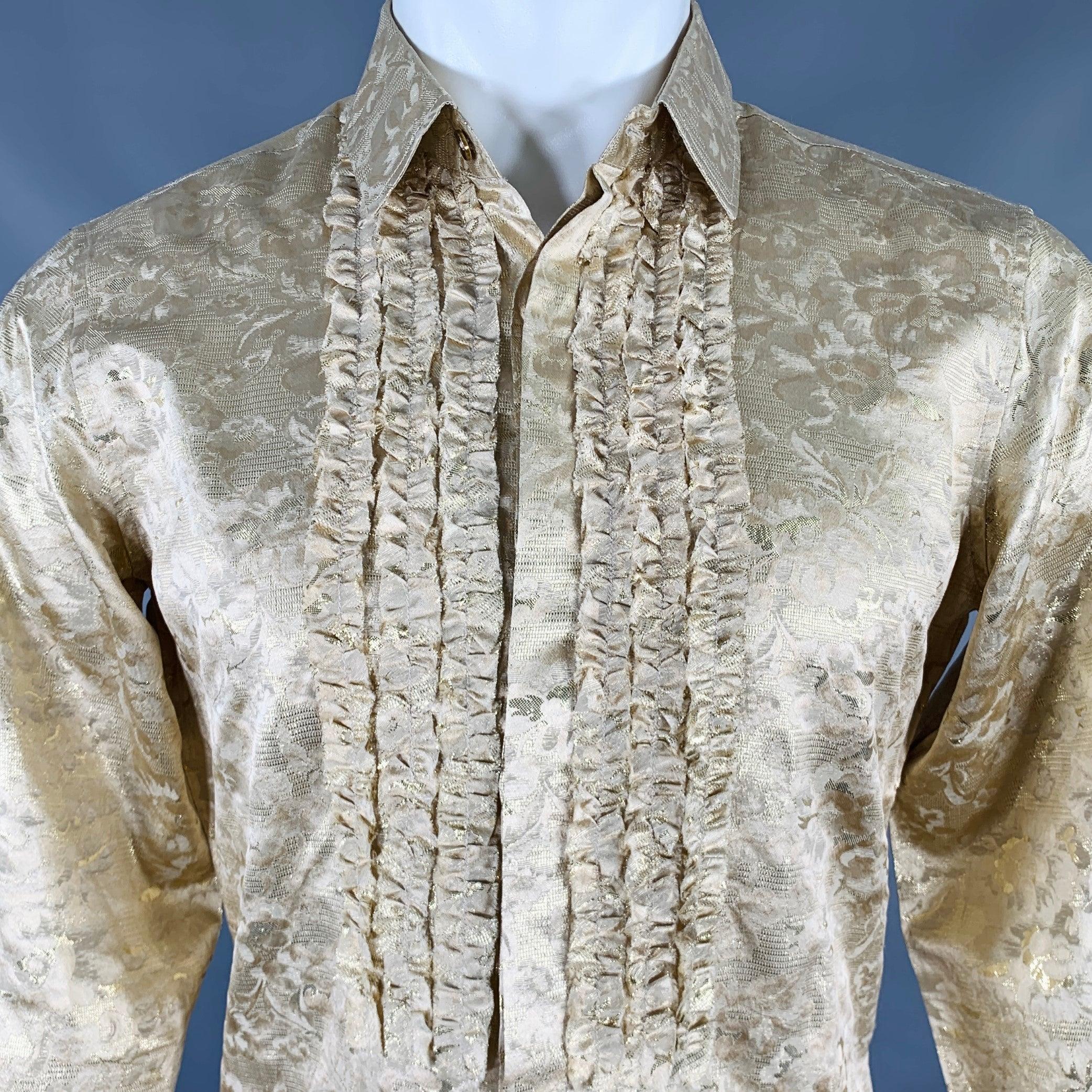BURBERRY PRORSUM long sleeve shirt
in a metallic gold tone silk blend woven fabric featuring a floral pattern, ruffle front, and hidden button closure. Made in Italy.Excellent Pre-Owned Condition. 

Marked:   39/15.5 

Measurements: 
 
Shoulder: 17