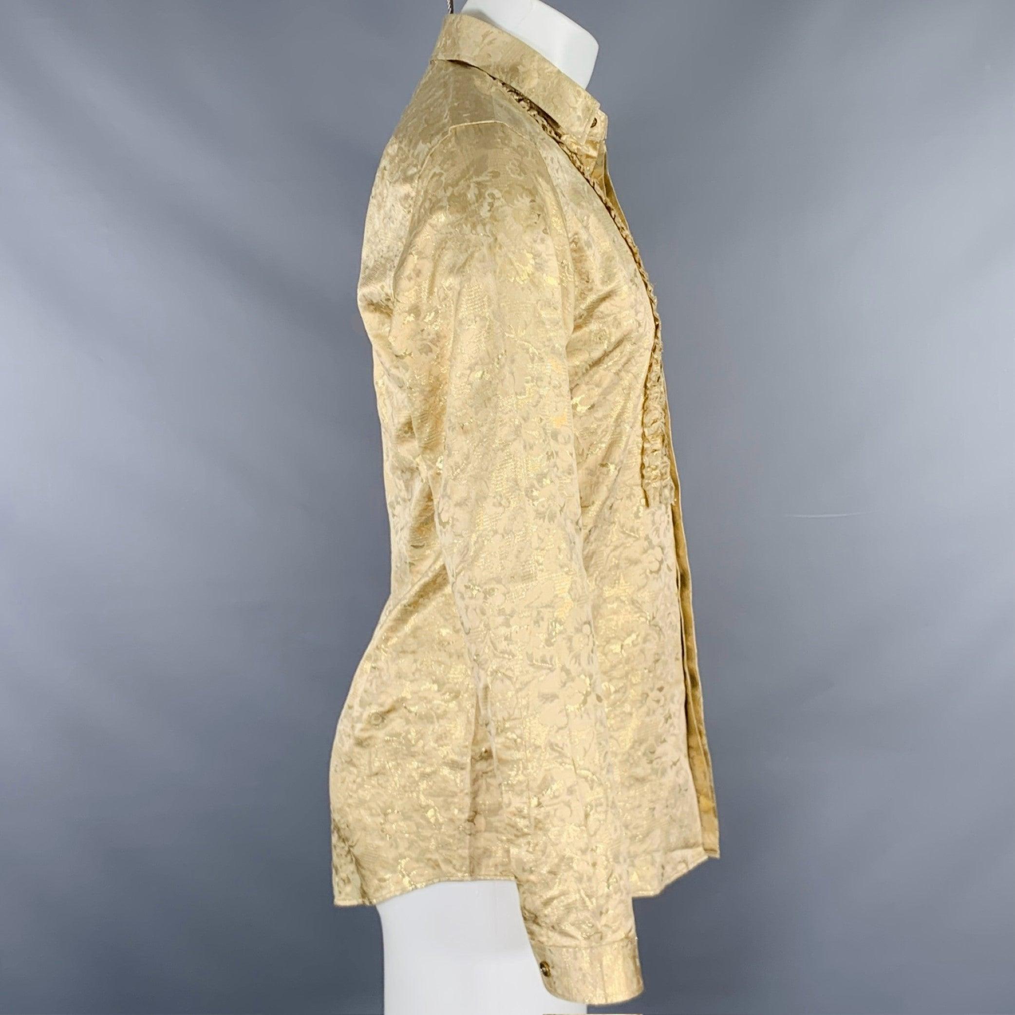 BURBERRY PRORSUM Size S Gold Metallic Floral Silk Blend Tuxedo Long Sleeve Shirt In Excellent Condition In San Francisco, CA