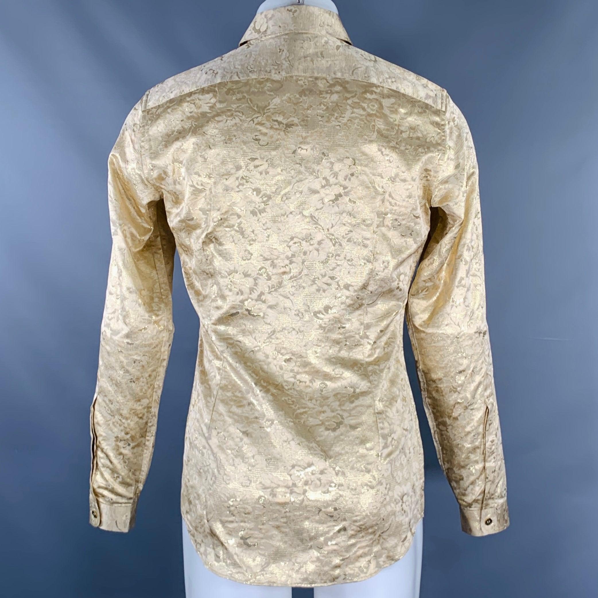 Men's BURBERRY PRORSUM Size S Gold Metallic Floral Silk Blend Tuxedo Long Sleeve Shirt