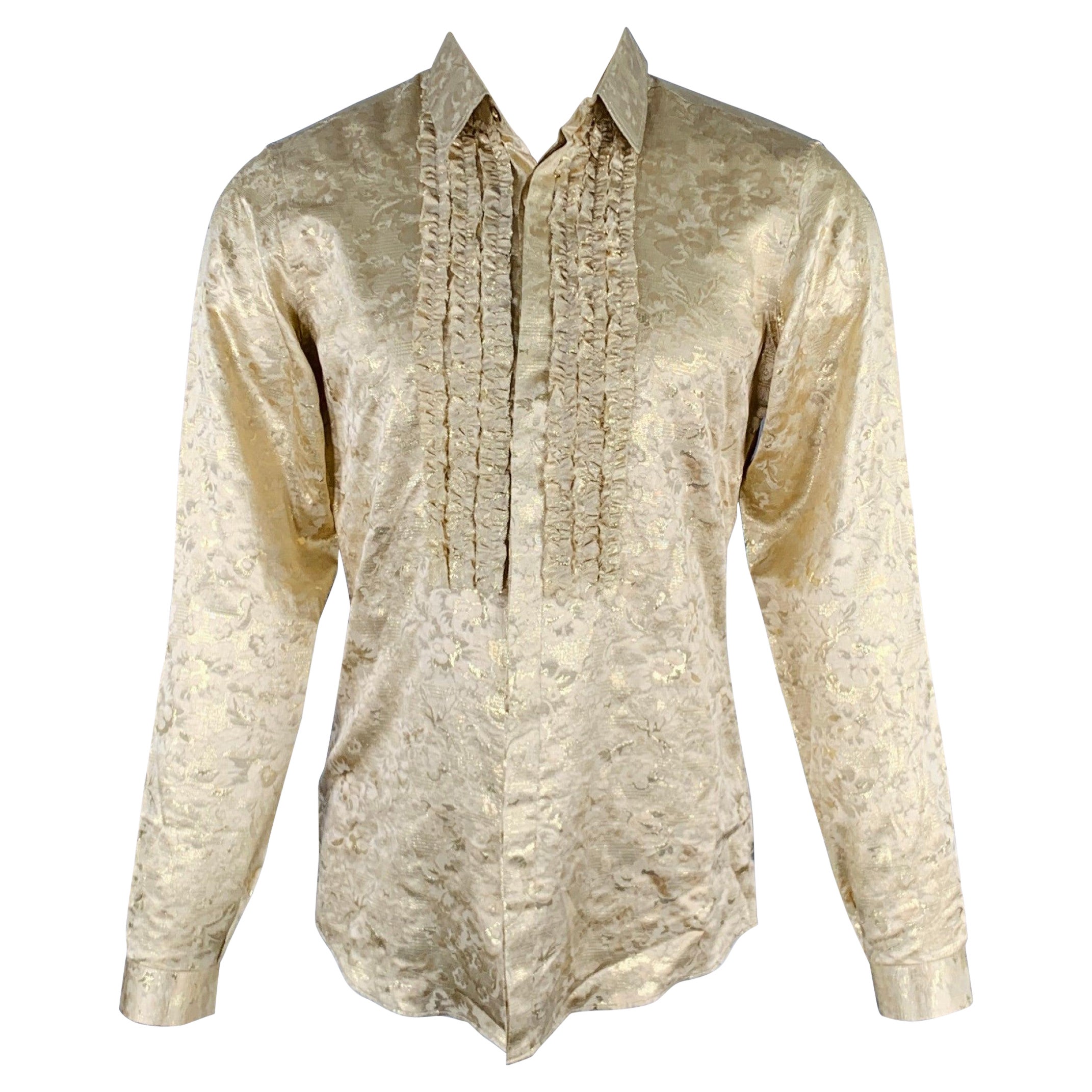 BURBERRY PRORSUM Size S Gold Metallic Floral Silk Blend Tuxedo Long Sleeve Shirt