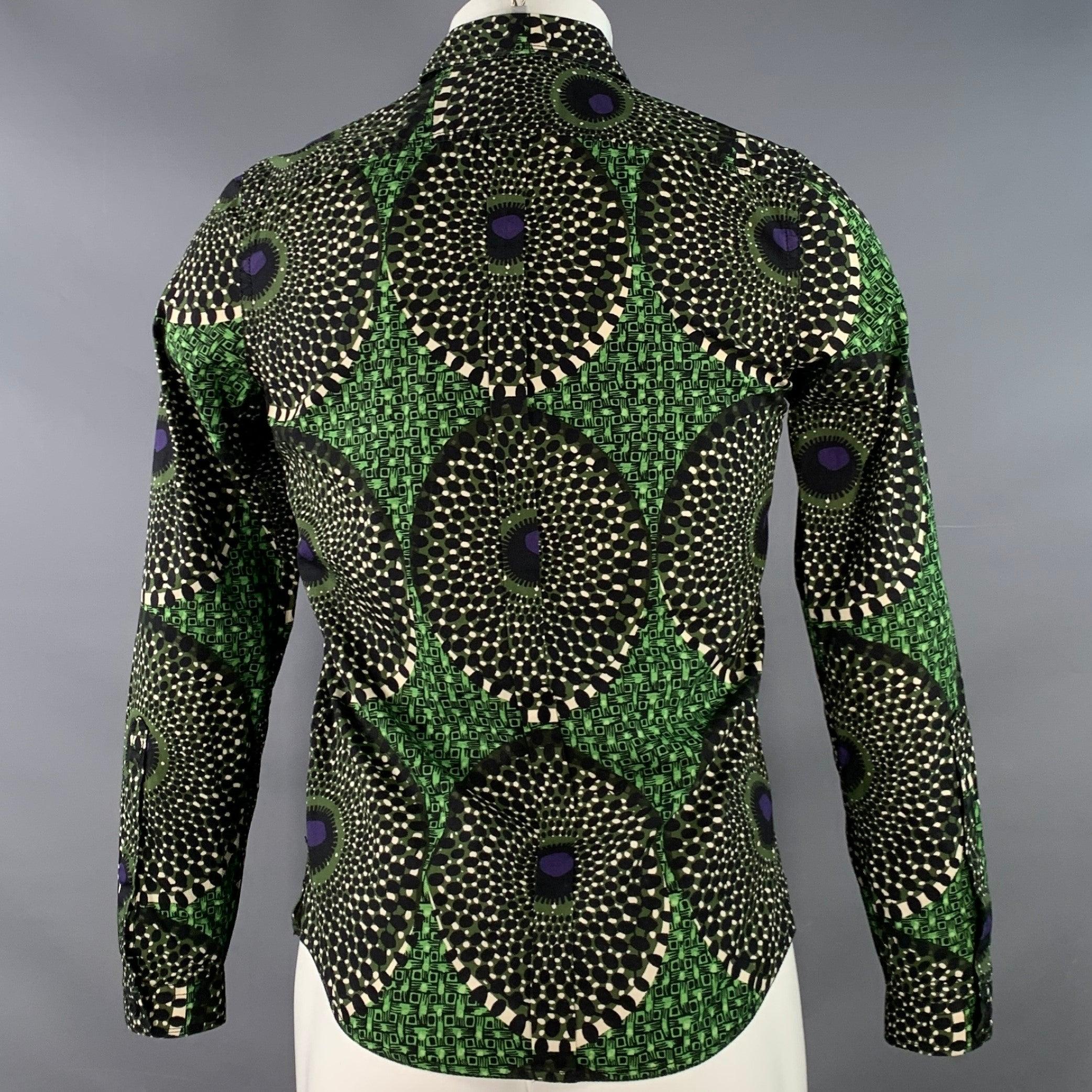 Burberry Prorsum Taille S Chemise en coton à manches longues à motif géométrique vert et noir Excellent état - En vente à San Francisco, CA