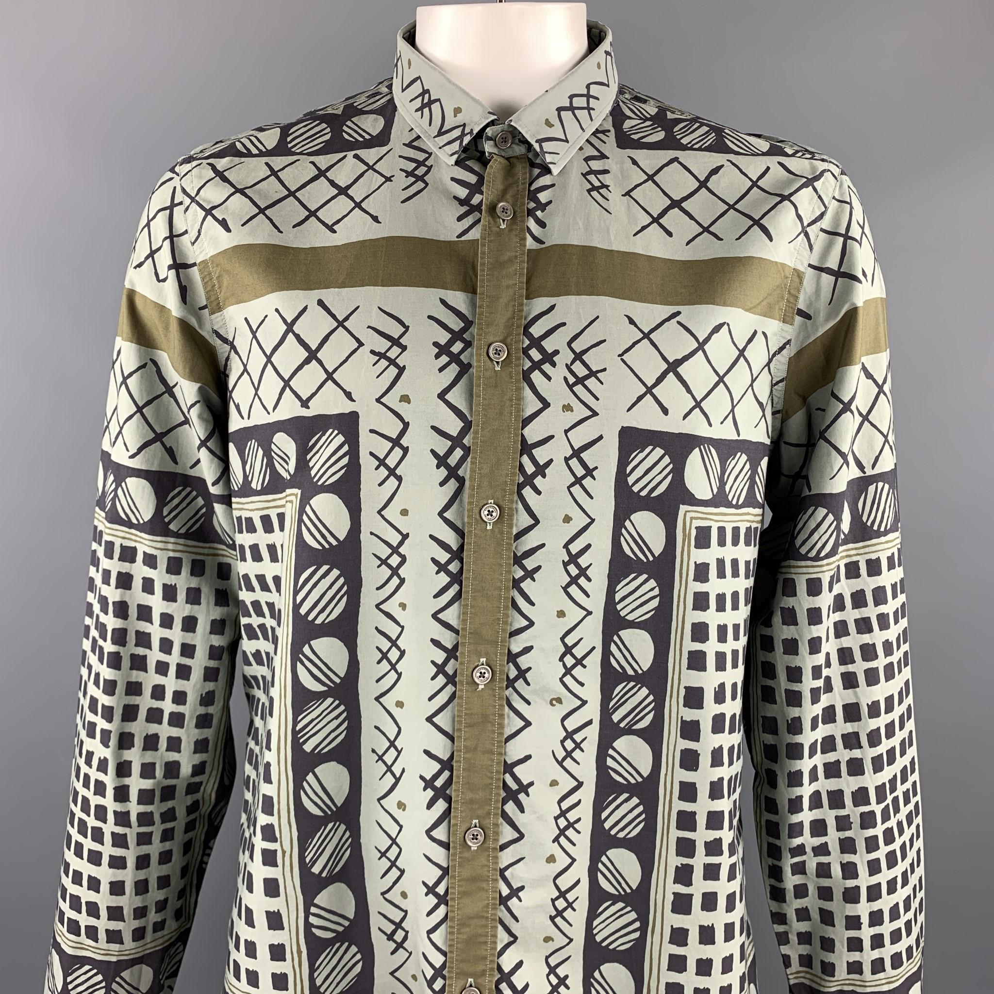 BURBERRY PRORSUM long sleeve shirt comes in a olive geometric print featuring a button up style and a spread collar. Made in Italy.

Excellent Pre-Owned Condition.
Marked: 46

Measurements:

Shoulder: 17.5 in. 
Chest: 46 in. 
Sleeve: 28.5 in.