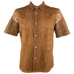 BURBERRY PRORSUM Size XL Tan Cotton Blend Lace Buttoned Up Short Sleeve Shirt