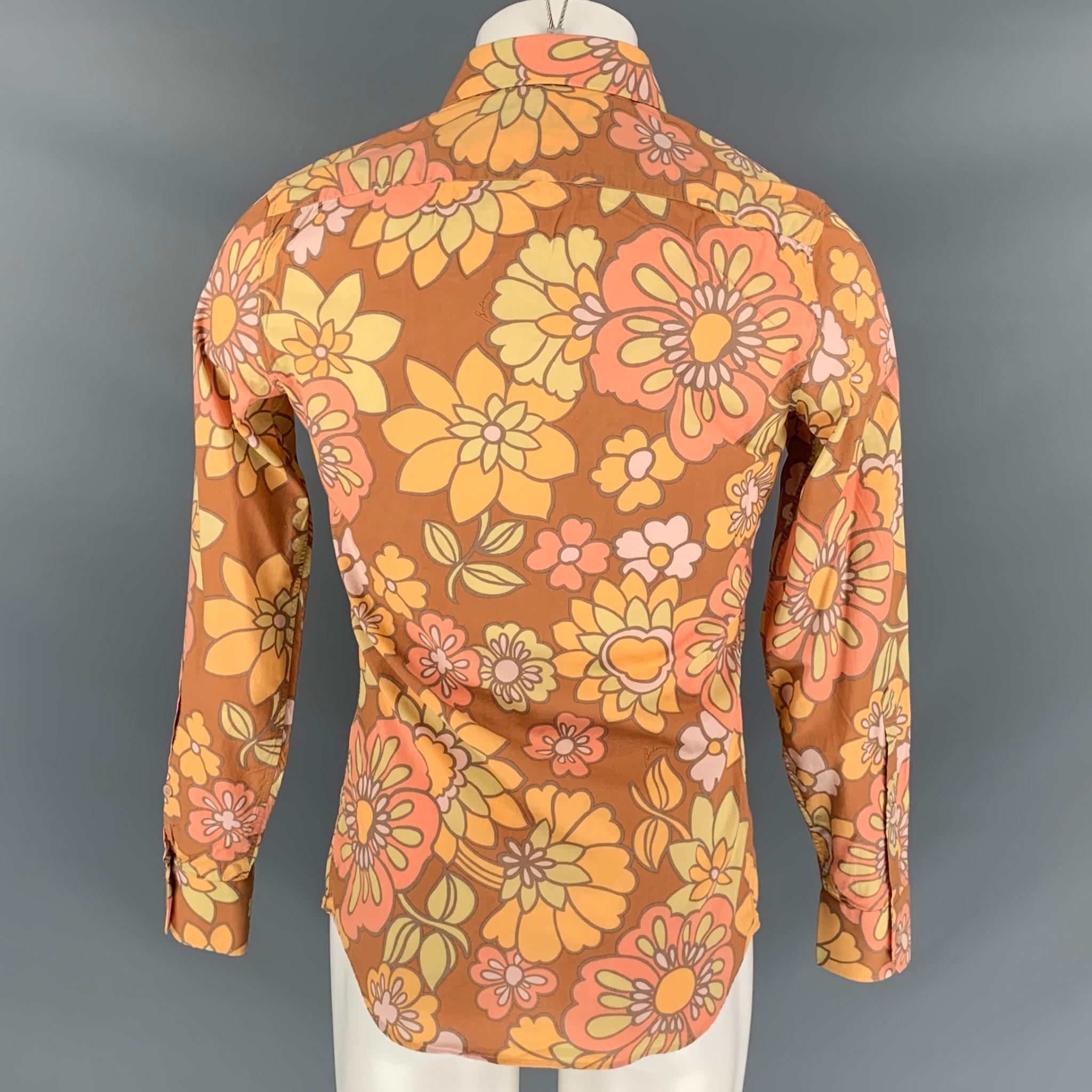 Men's BURBERRY PRORSUM Spring 2006 Size M Brown & Orange Floral Cotton Shirt