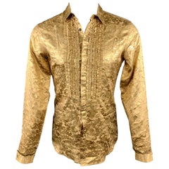 BURBERRY PRORSUM Spring 2008 M Metallic Gold Jacquard Silk Blend Ruffled Shirt