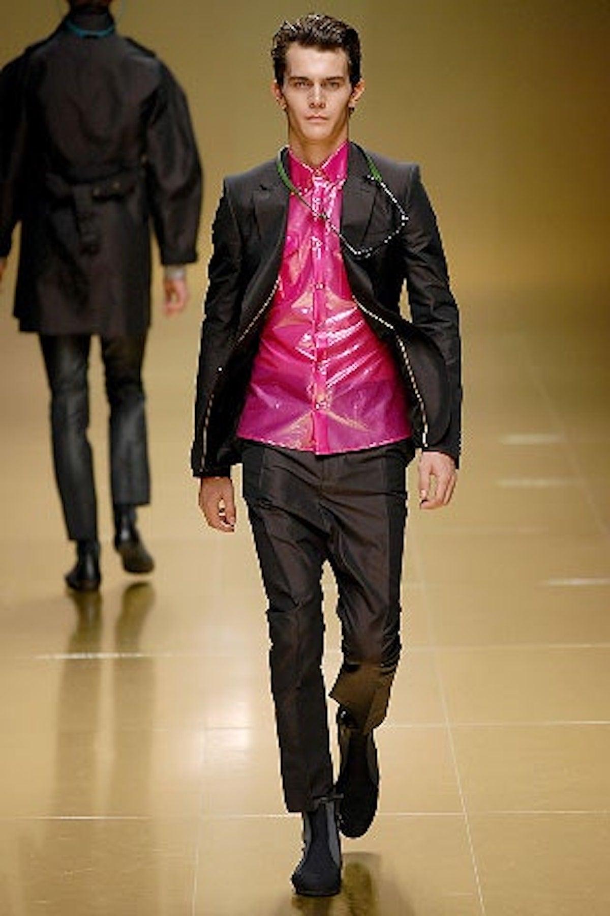 Men's early Burberry Prorsum by Christopher Bailey striped satin plum two-piece suit from the Spring 2008 menswear collection. Jacket features notched lapels, slit pocket at chest, dual flap pockets at waist, double vent at back, woven lining