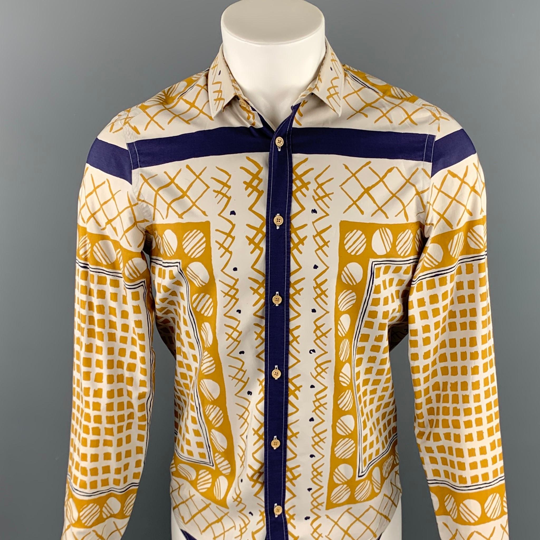 Beige BURBERRY PRORSUM Spring 2013 Size M Yellow Geometric Cotton Button Up Shirt